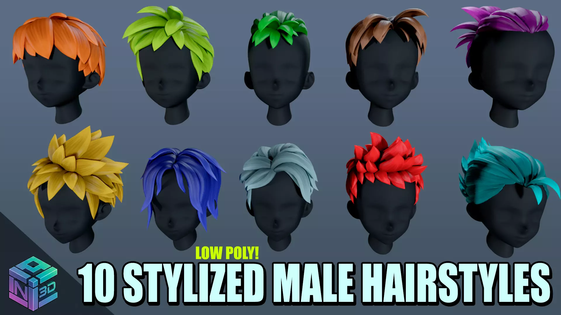 10 Stylized Low-Poly Male Hairstyles Low-poly 3D model_0