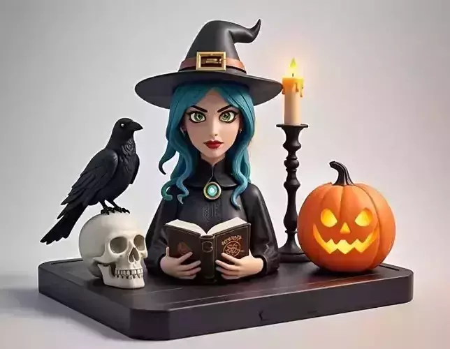 2556Halloween Witch with Spell book  Skull  Raven and Pumpkin