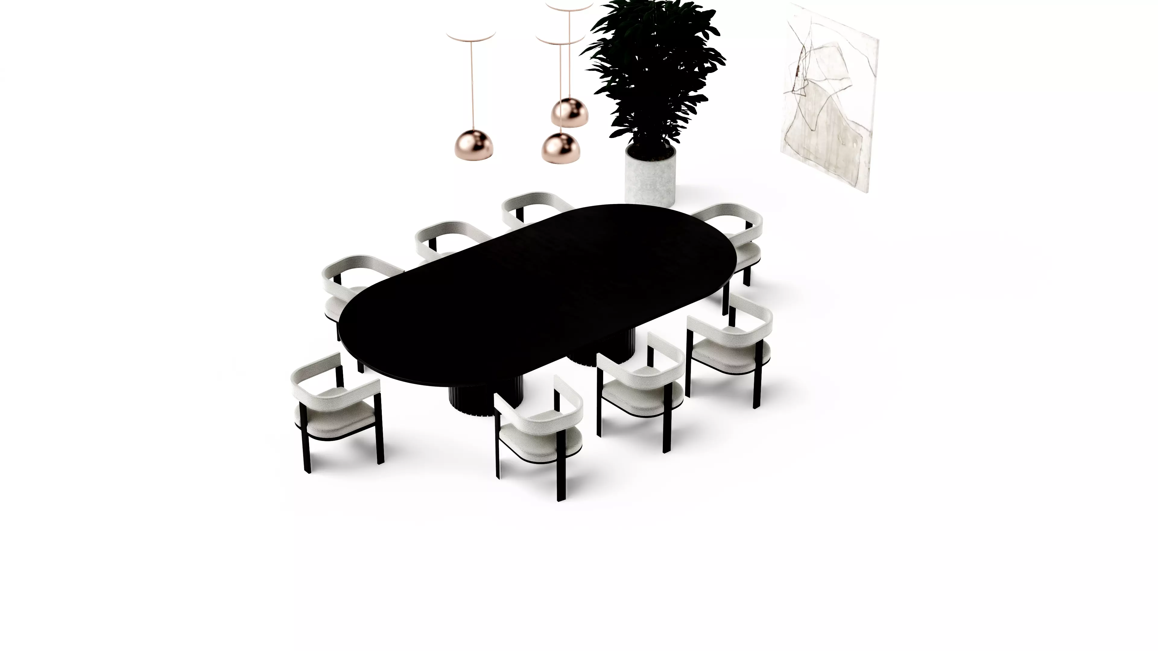 Black and white modern classic dining table set Low-poly 3D model_4