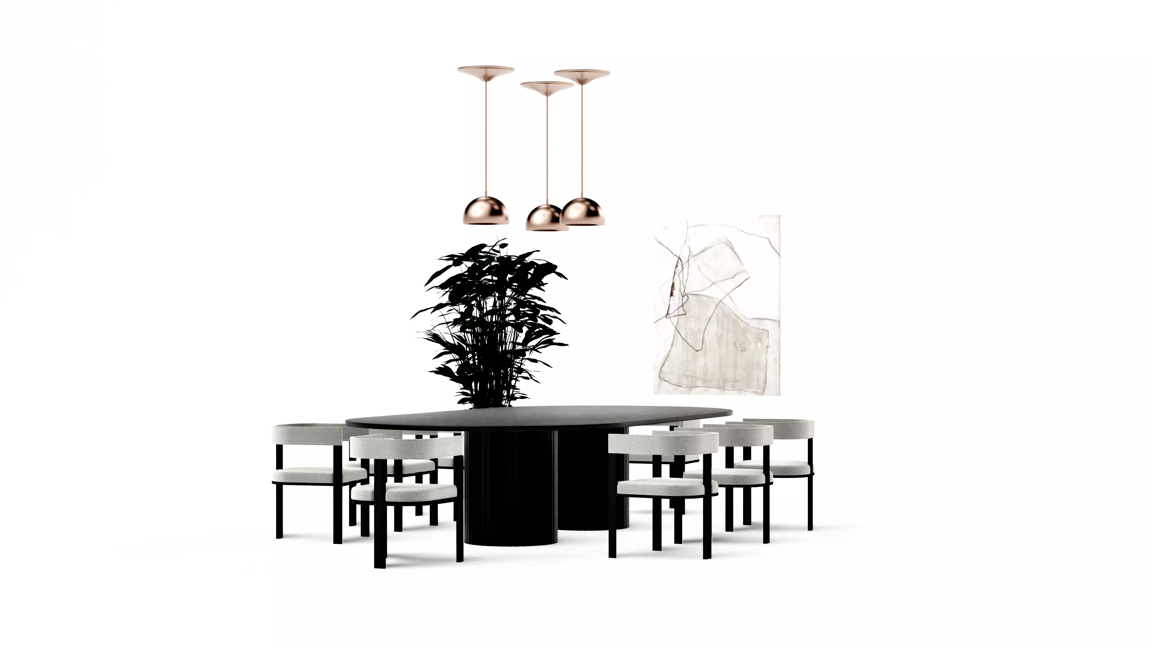 Black and white modern classic dining table set Low-poly 3D model_8