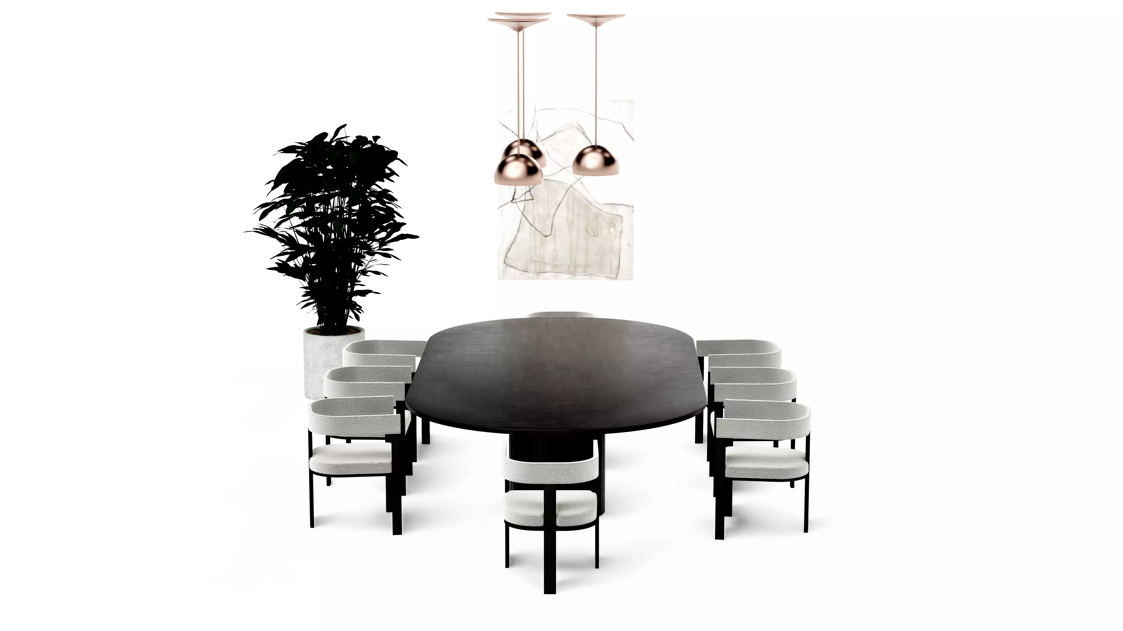 Black and white modern classic dining table set Low-poly 3D model_3