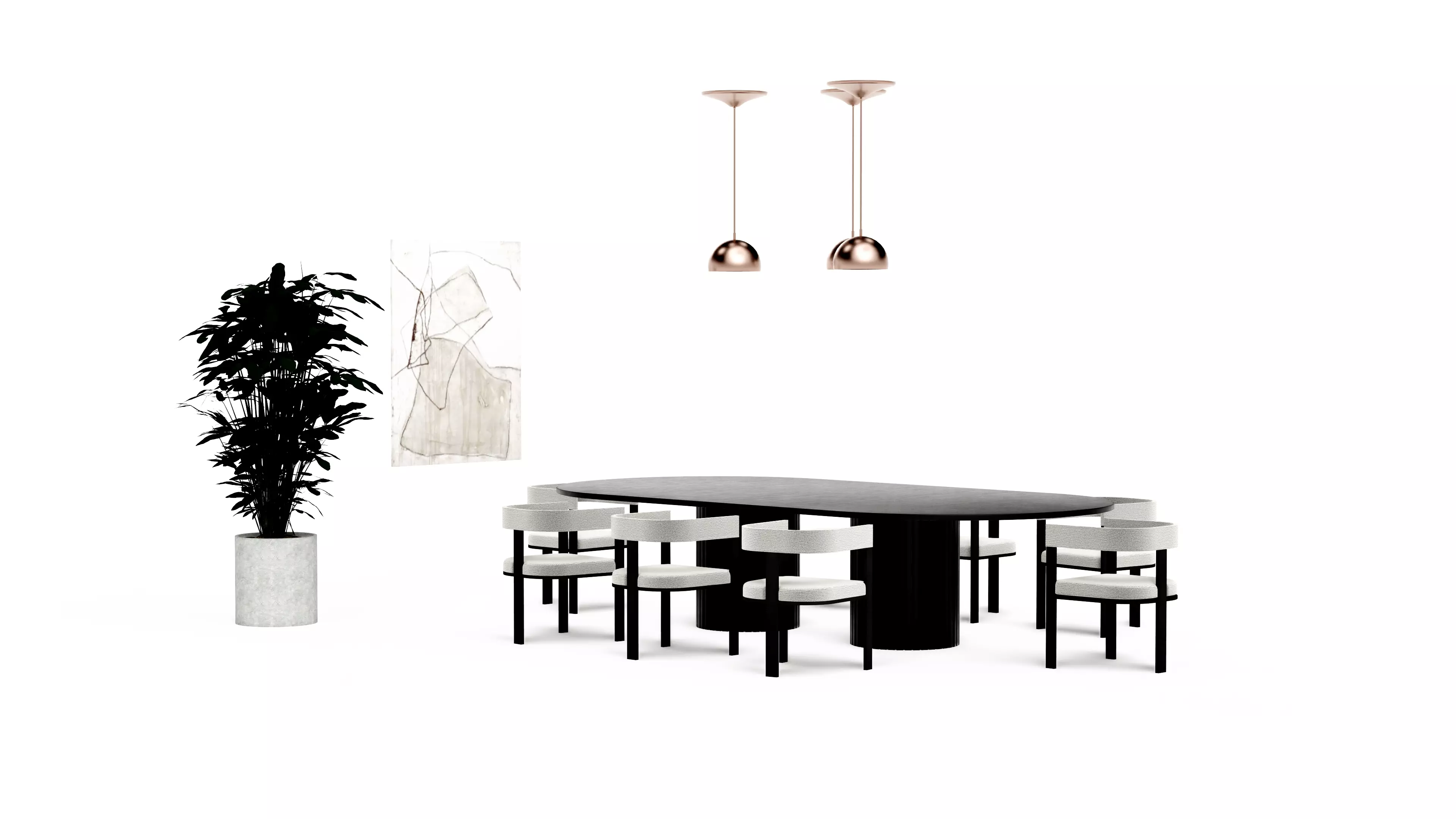 Black and white modern classic dining table set Low-poly 3D model_7