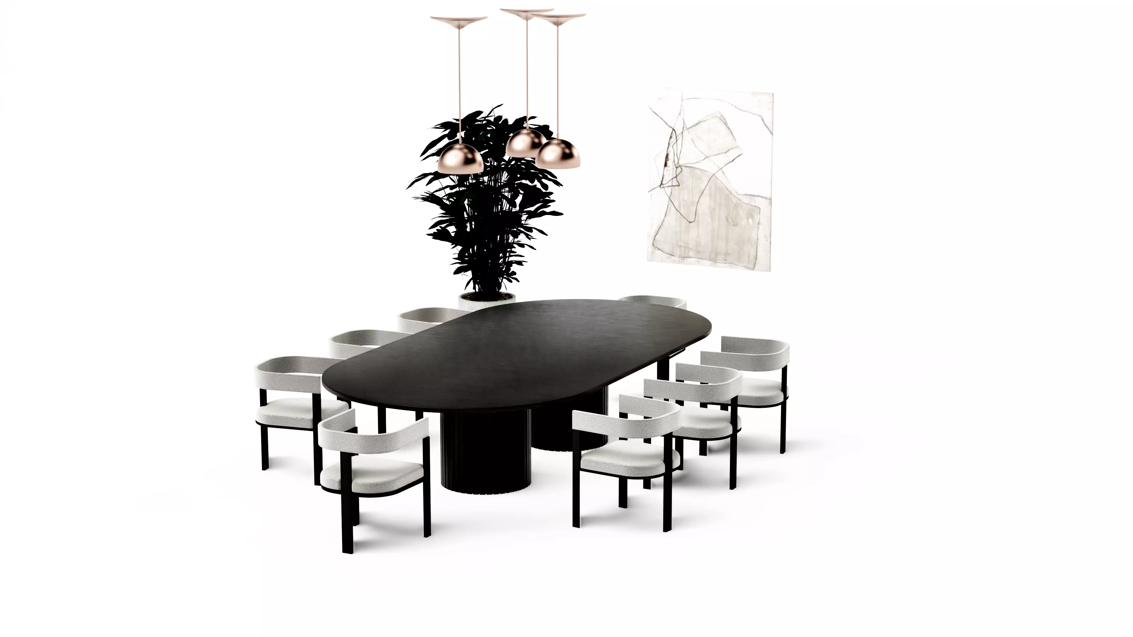 Black and white modern classic dining table set Low-poly 3D model_2