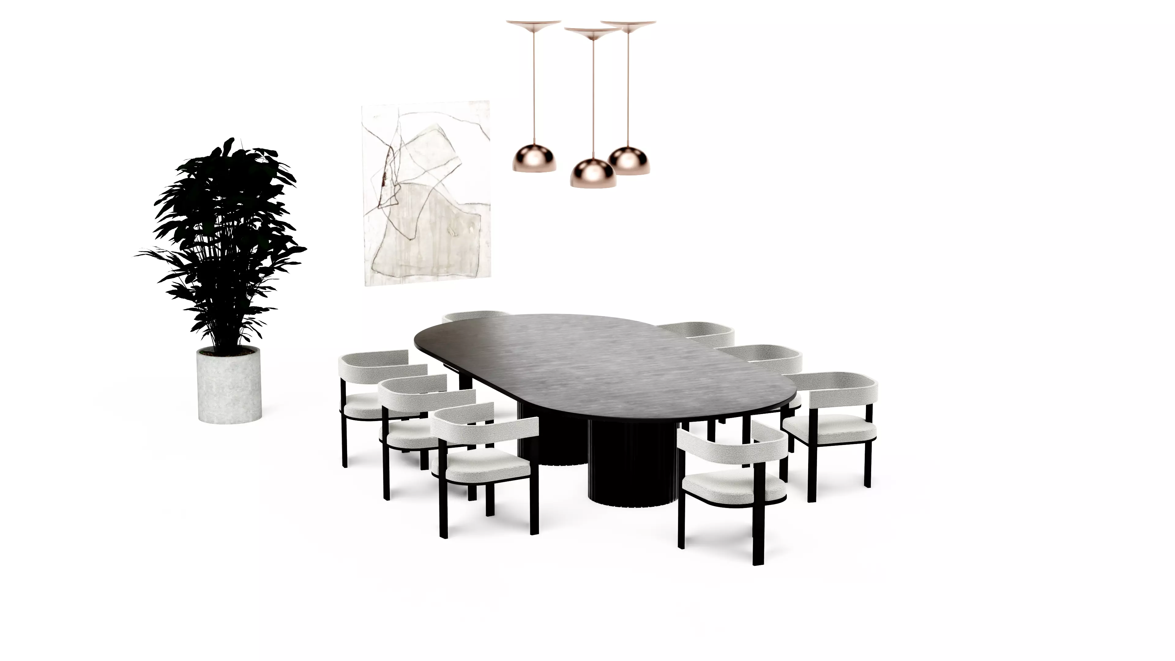 Black and white modern classic dining table set Low-poly 3D model_1