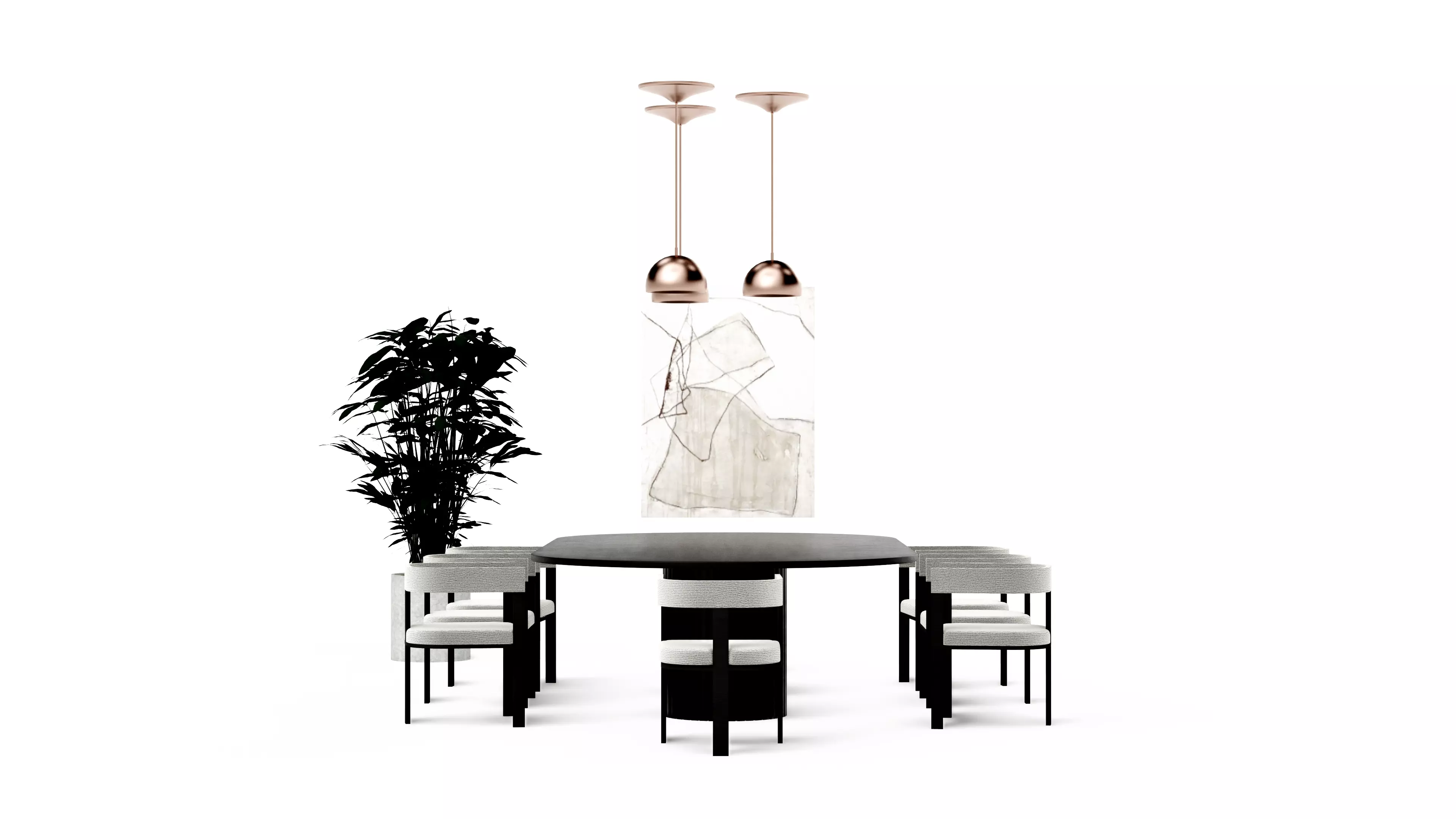 Black and white modern classic dining table set Low-poly 3D model_0