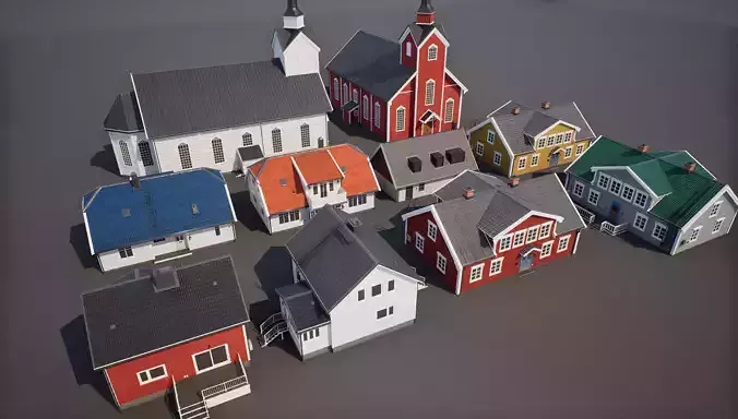 Houses and Church UE5 Set Low-poly 3D model