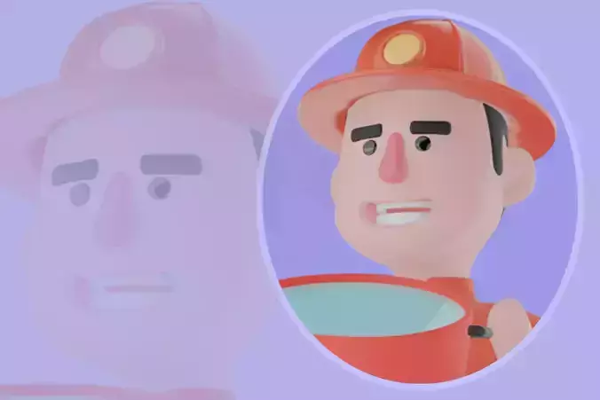 Stylized 3D Firefighter Holding Water Bucket - Cartoon Man