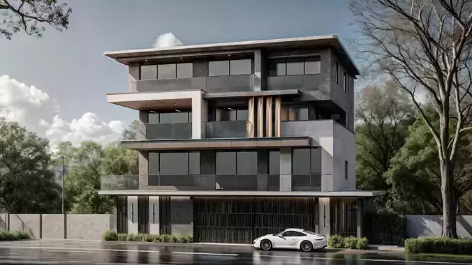 Modern Concrete Residence  Minimalist Architecture Render