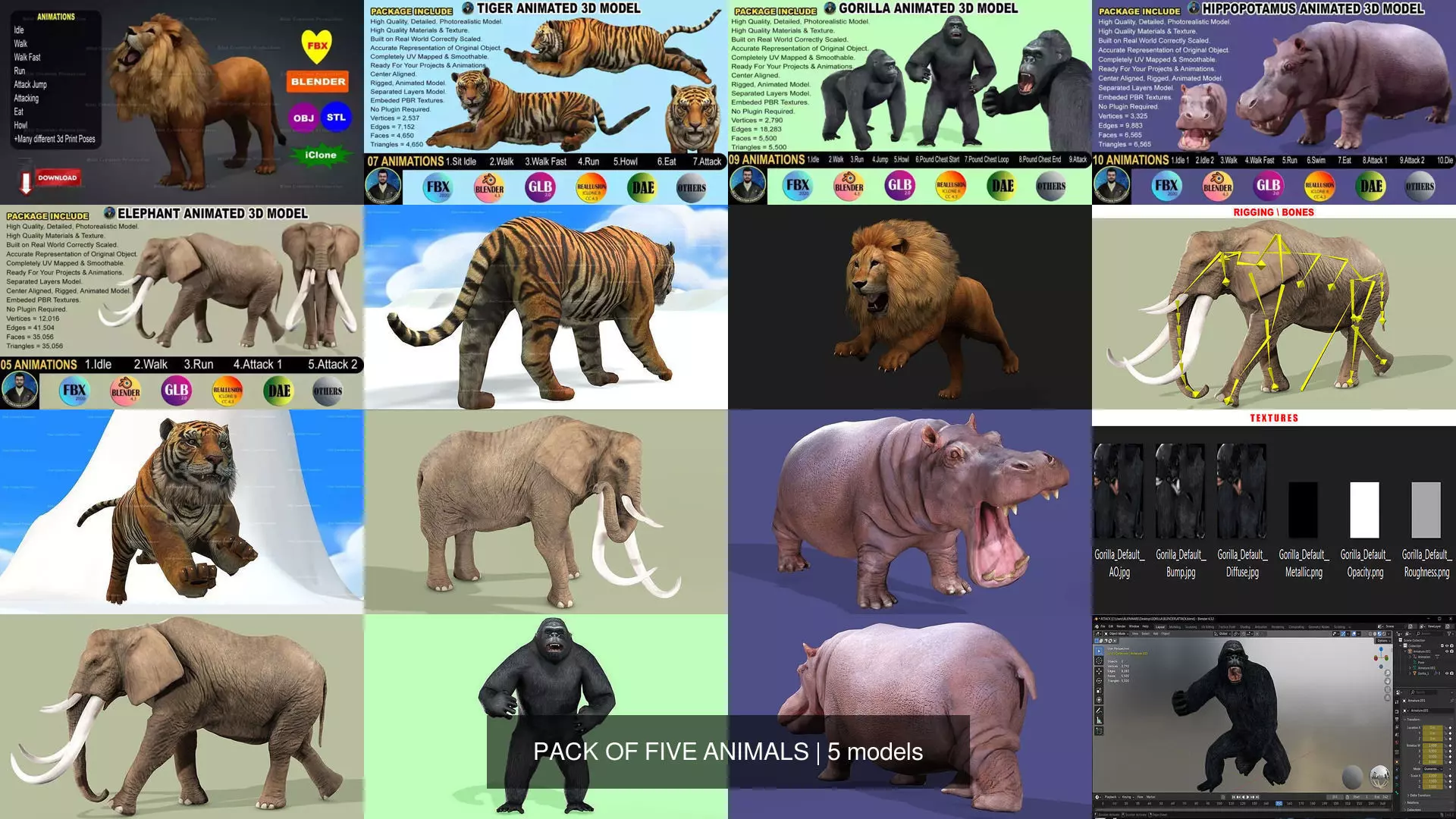 PACK OF FIVE ANIMALS 3D Model Collection_0