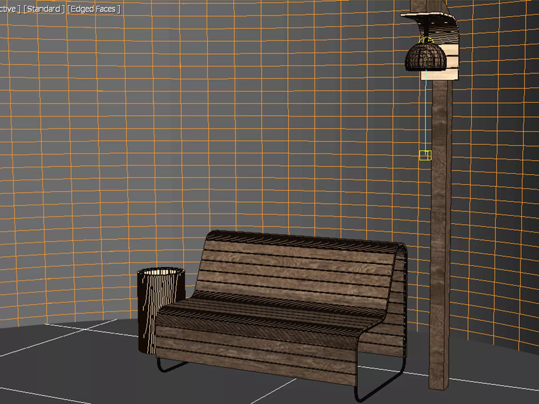 Garden Bench with Lamp and Trash Bin -Outdoor Set- Low-poly 3D model_7