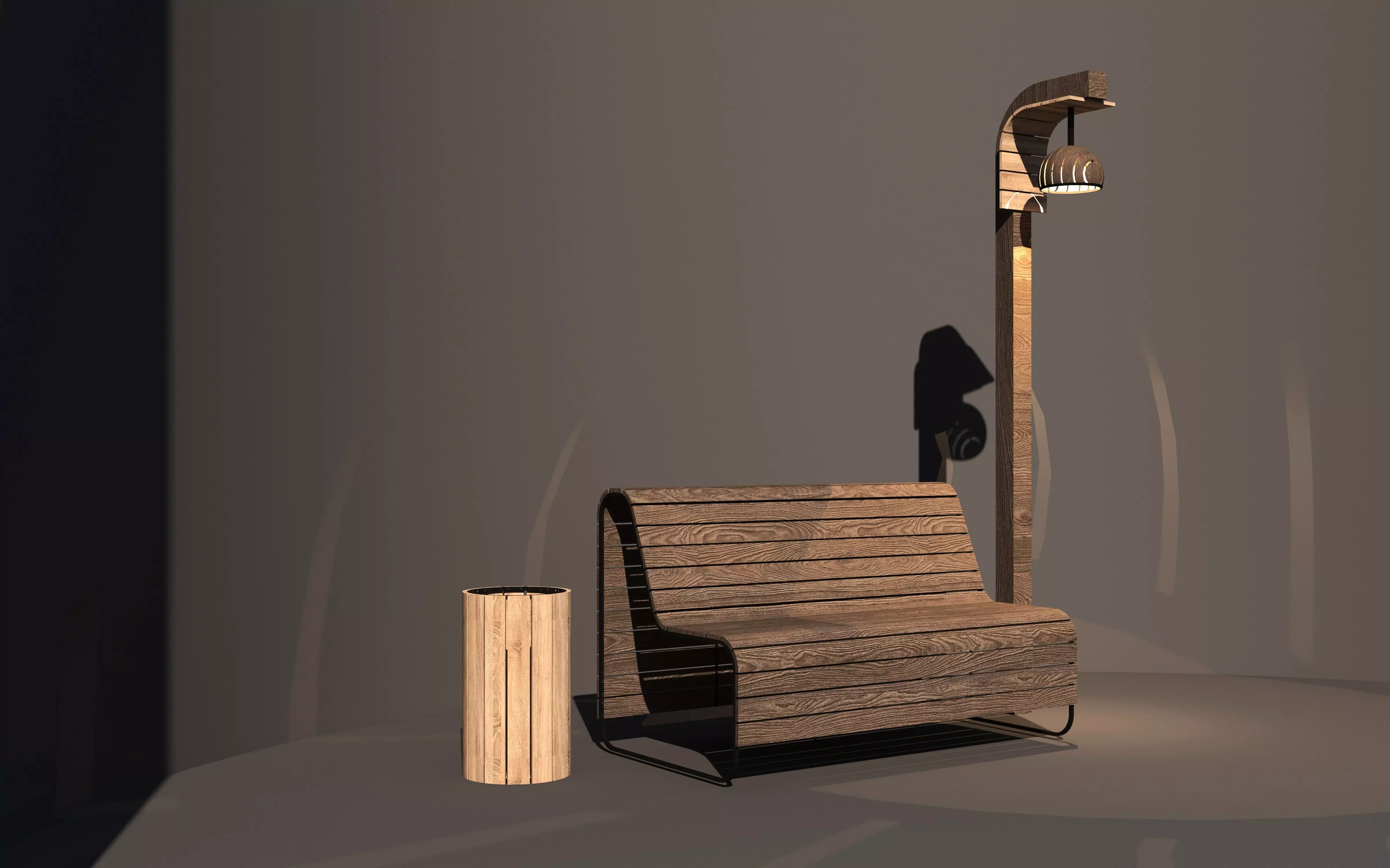 Garden Bench with Lamp and Trash Bin -Outdoor Set- Low-poly 3D model_5
