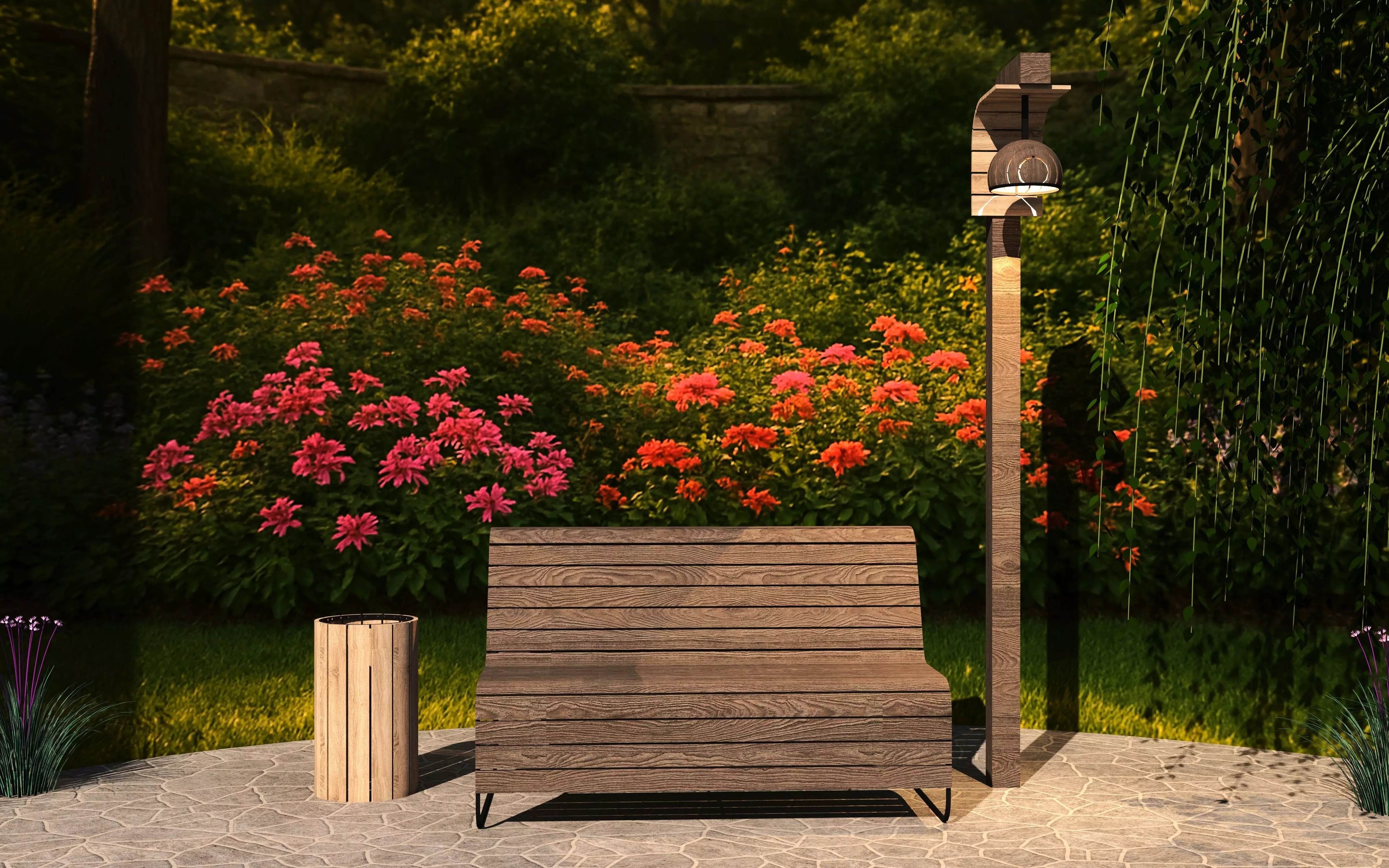 Garden Bench with Lamp and Trash Bin -Outdoor Set- Low-poly 3D model_1