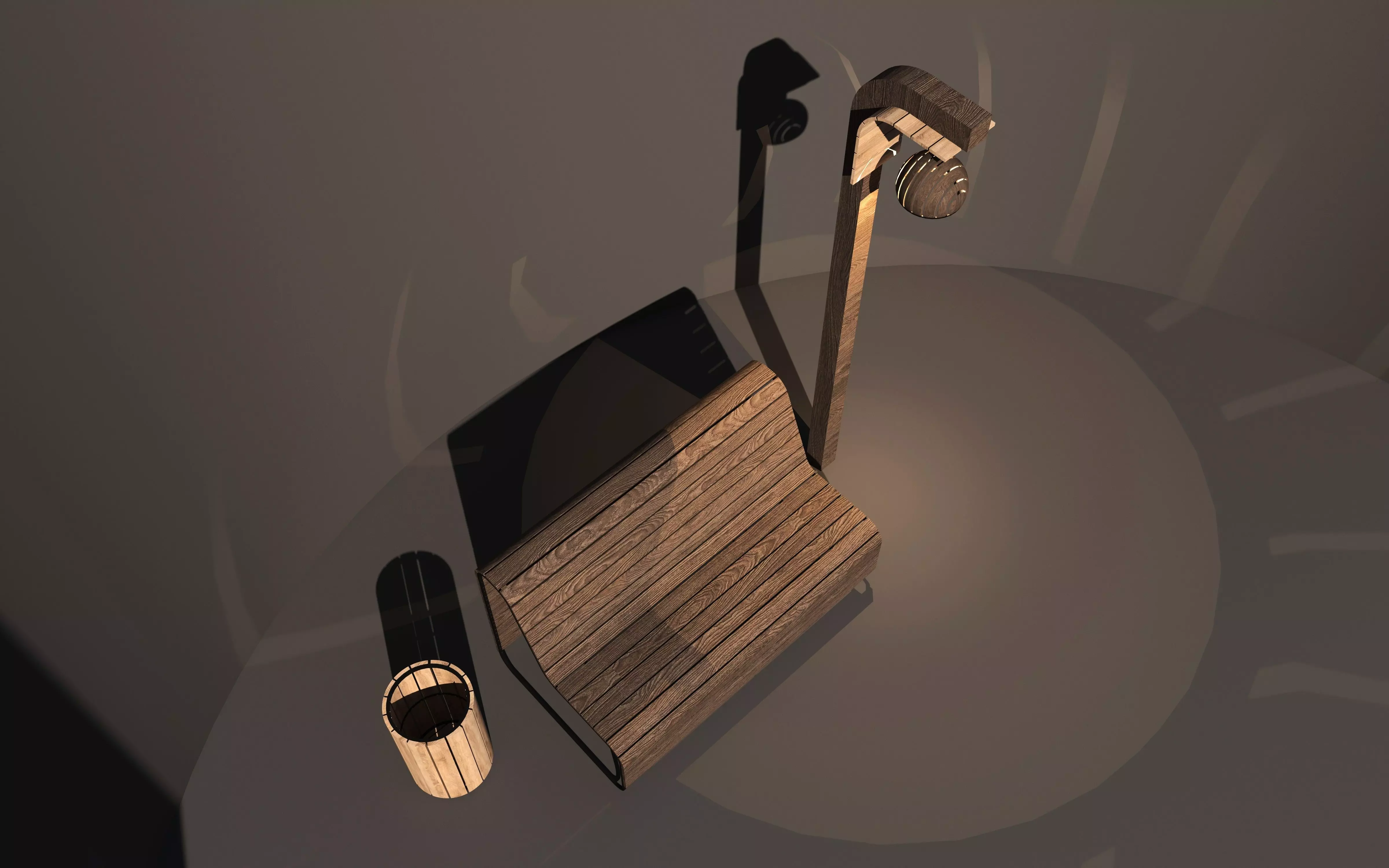 Garden Bench with Lamp and Trash Bin -Outdoor Set- Low-poly 3D model_4