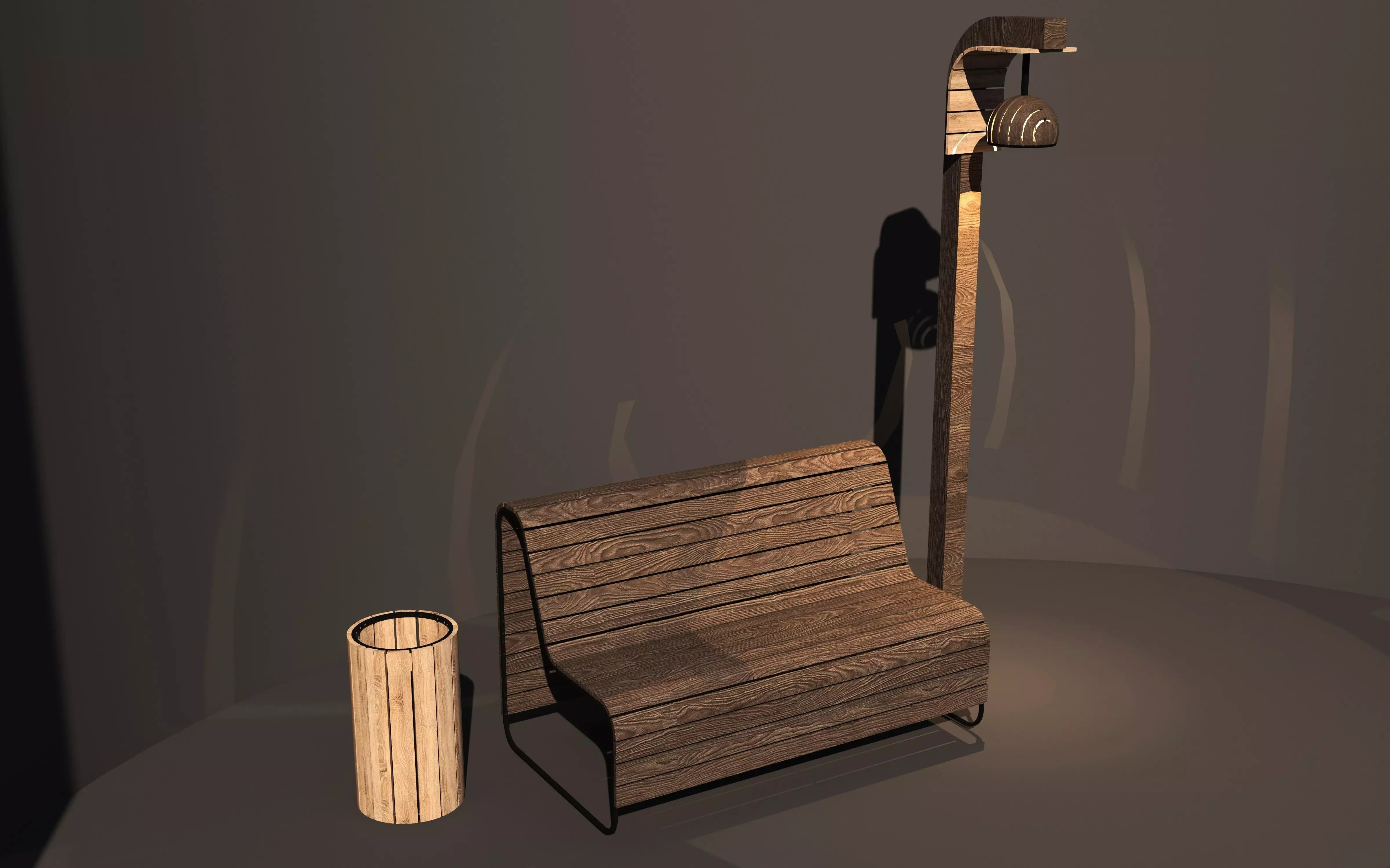 Garden Bench with Lamp and Trash Bin -Outdoor Set- Low-poly 3D model_2