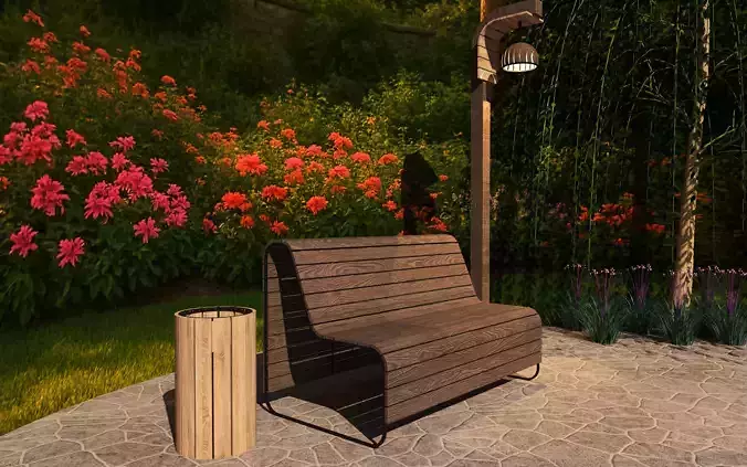 Garden Bench with Lamp and Trash Bin -Outdoor Set-