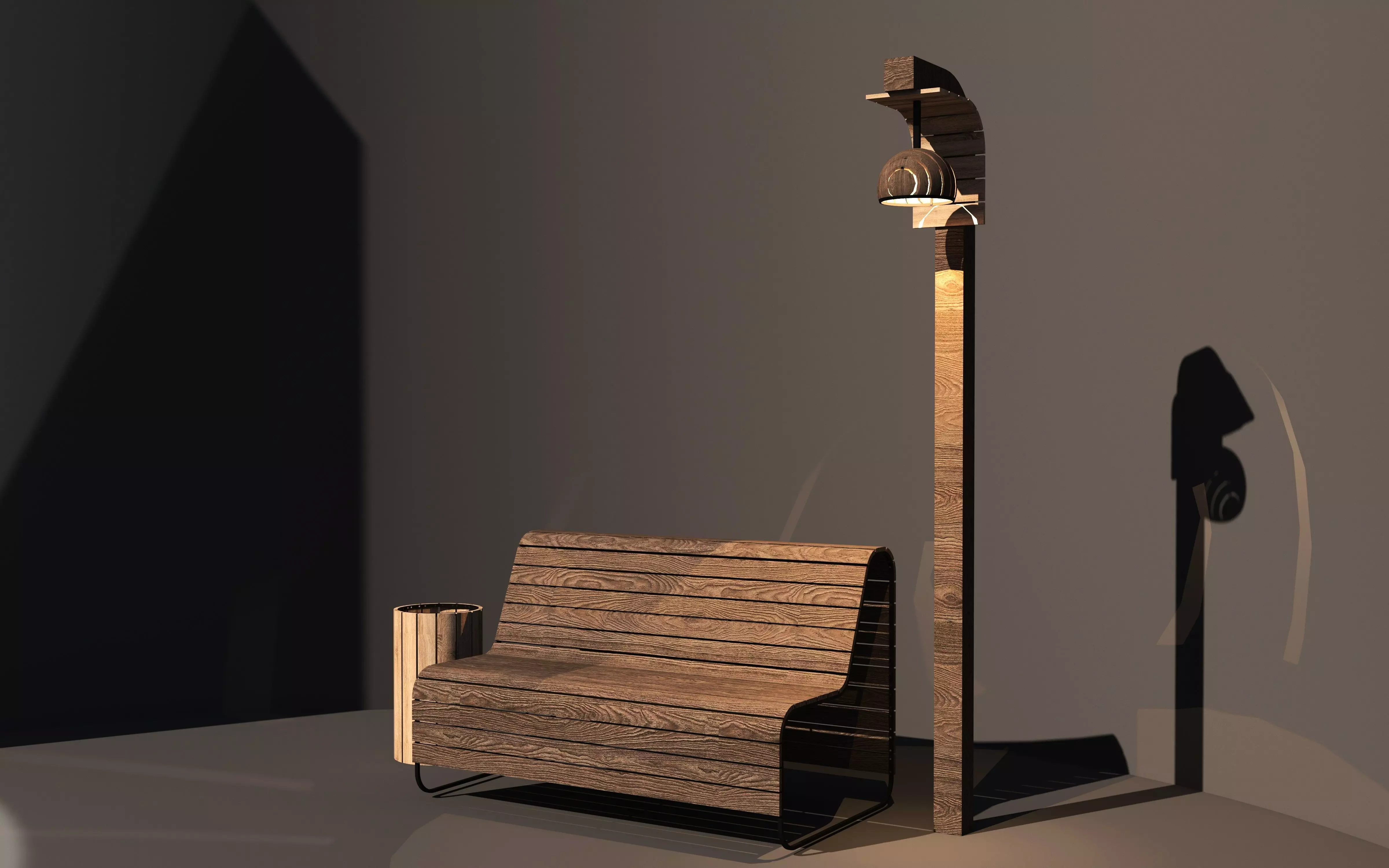 Garden Bench with Lamp and Trash Bin -Outdoor Set- Low-poly 3D model_3