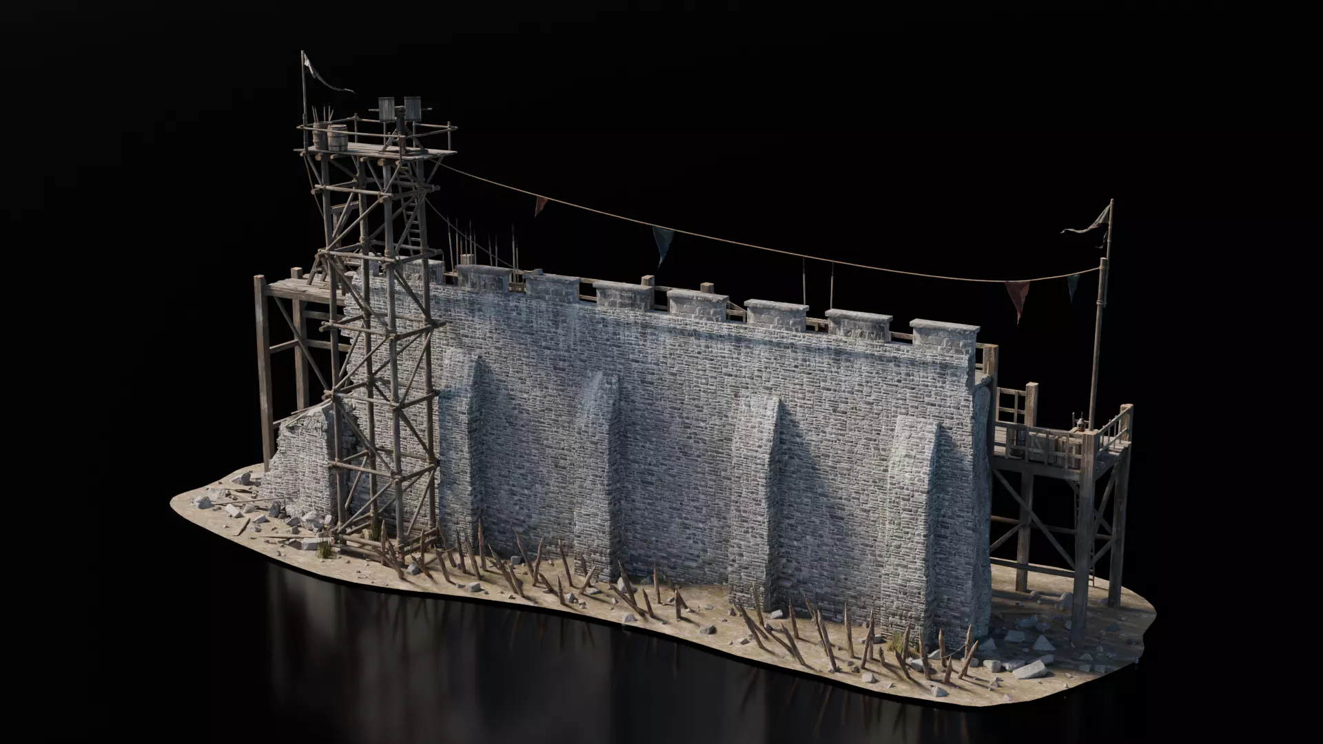 Destroyed Wall Medieval 3D model_2