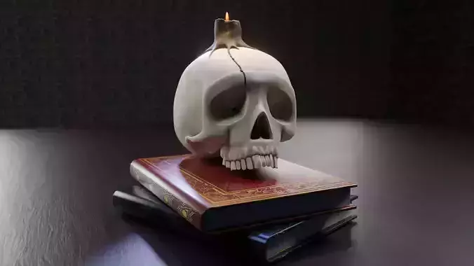 Gothic Skull Candle on Old Books - Stylized 3D Model
