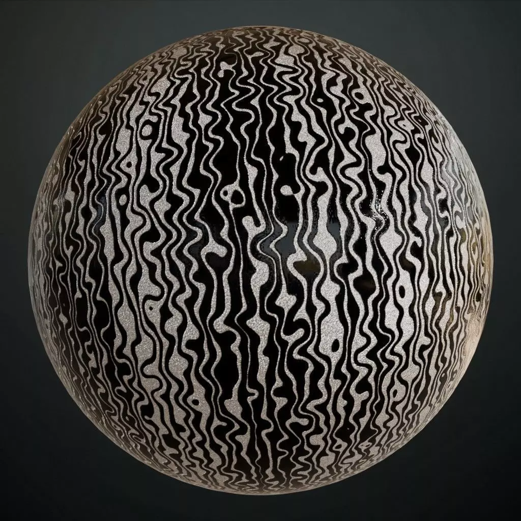 Black and Silver Damascus Patterned Metal PBR Seamless Texture_0
