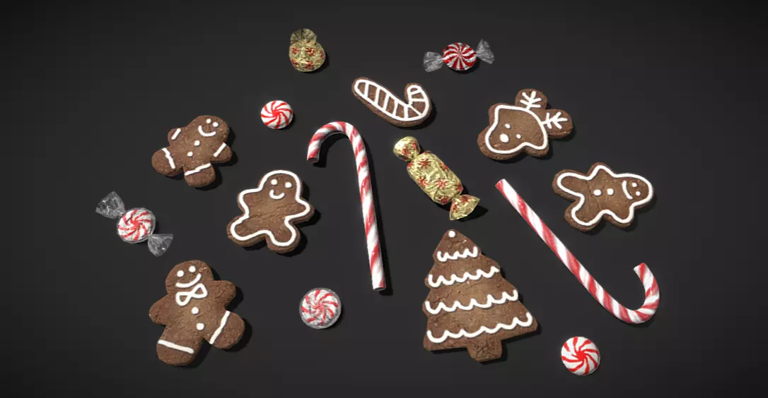 Christmas gingerbread cookies and candies 3D model_0