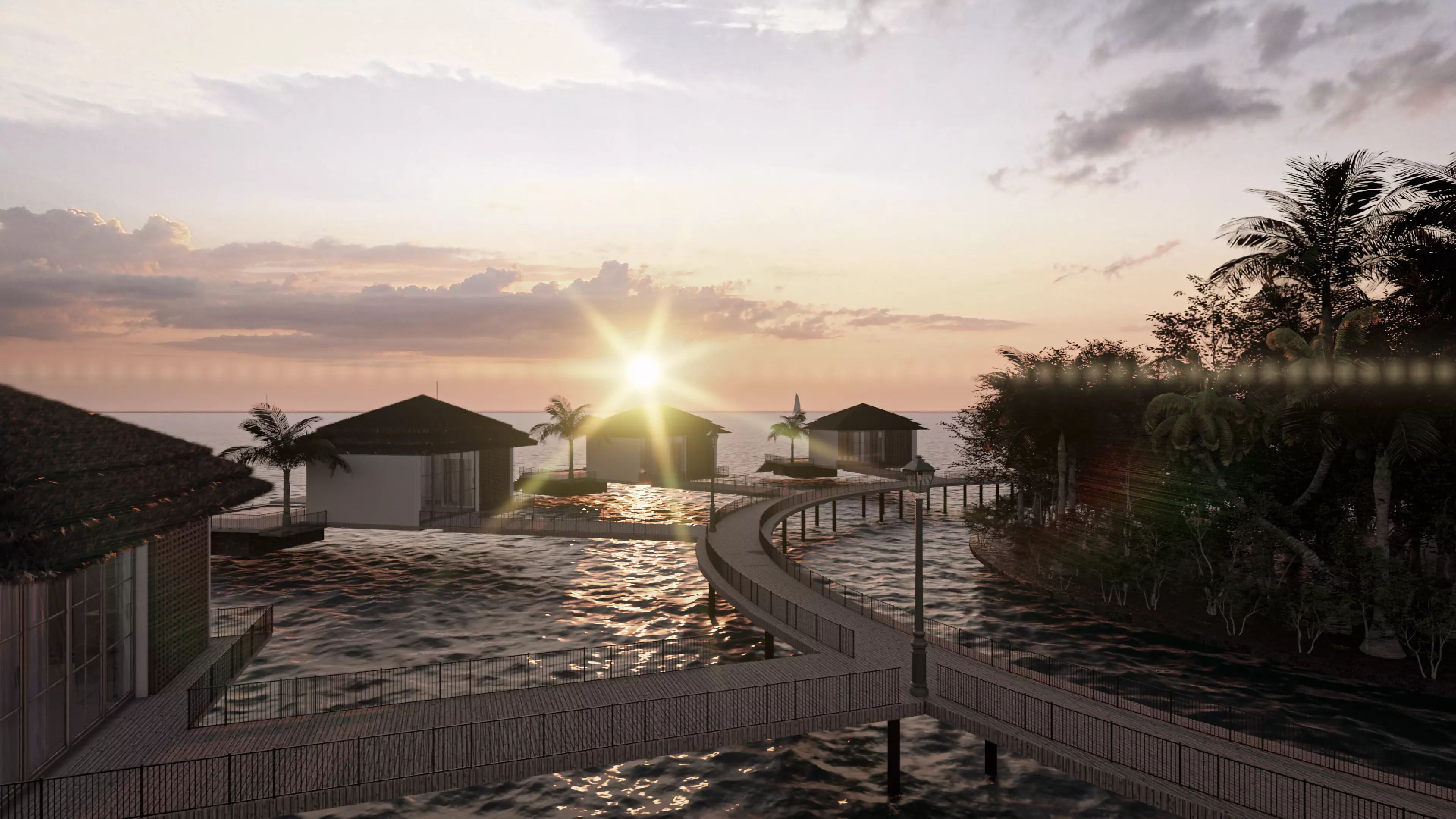 fully detailed Maldives Style Overwater Villa  site Resort Scene 3D model_11
