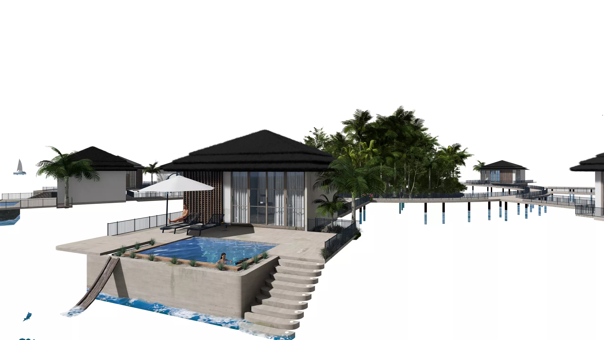 fully detailed Maldives Style Overwater Villa  site Resort Scene 3D model_15