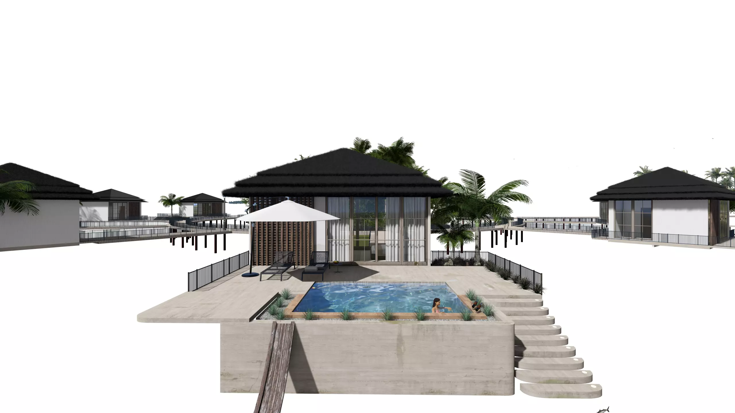 fully detailed Maldives Style Overwater Villa  site Resort Scene 3D model_14