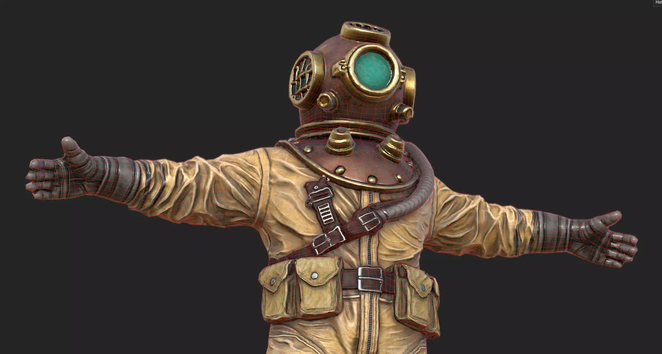 Realistic Vintage Diver Character  PBR Textured Game-Ready Low-poly 3D model_21