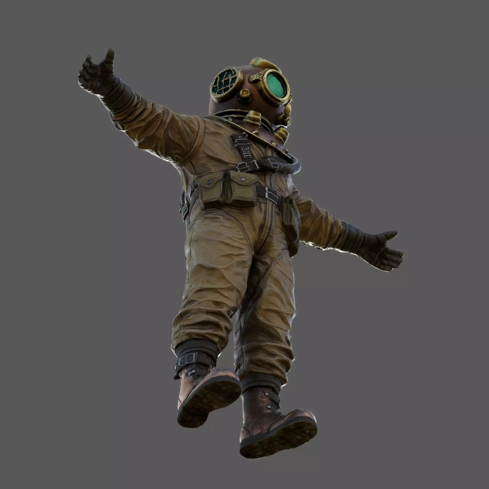 Realistic Vintage Diver Character  PBR Textured Game-Ready Low-poly 3D model_3