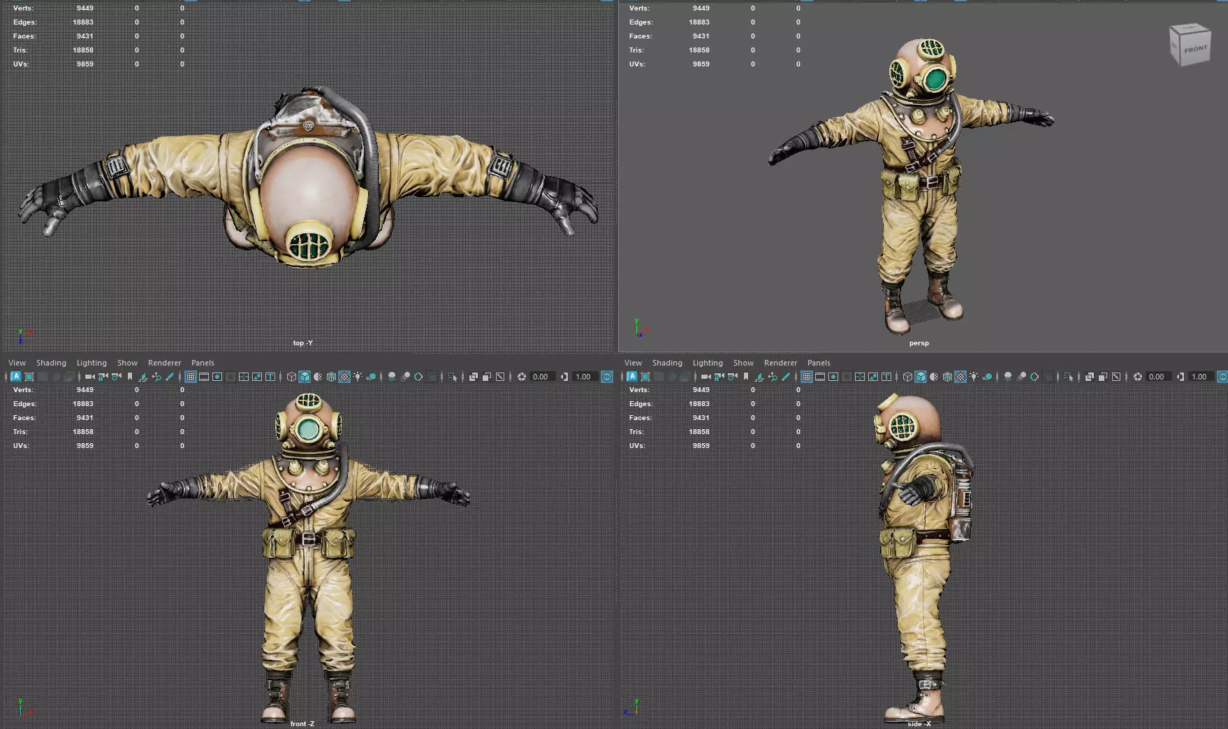 Realistic Vintage Diver Character  PBR Textured Game-Ready Low-poly 3D model_17