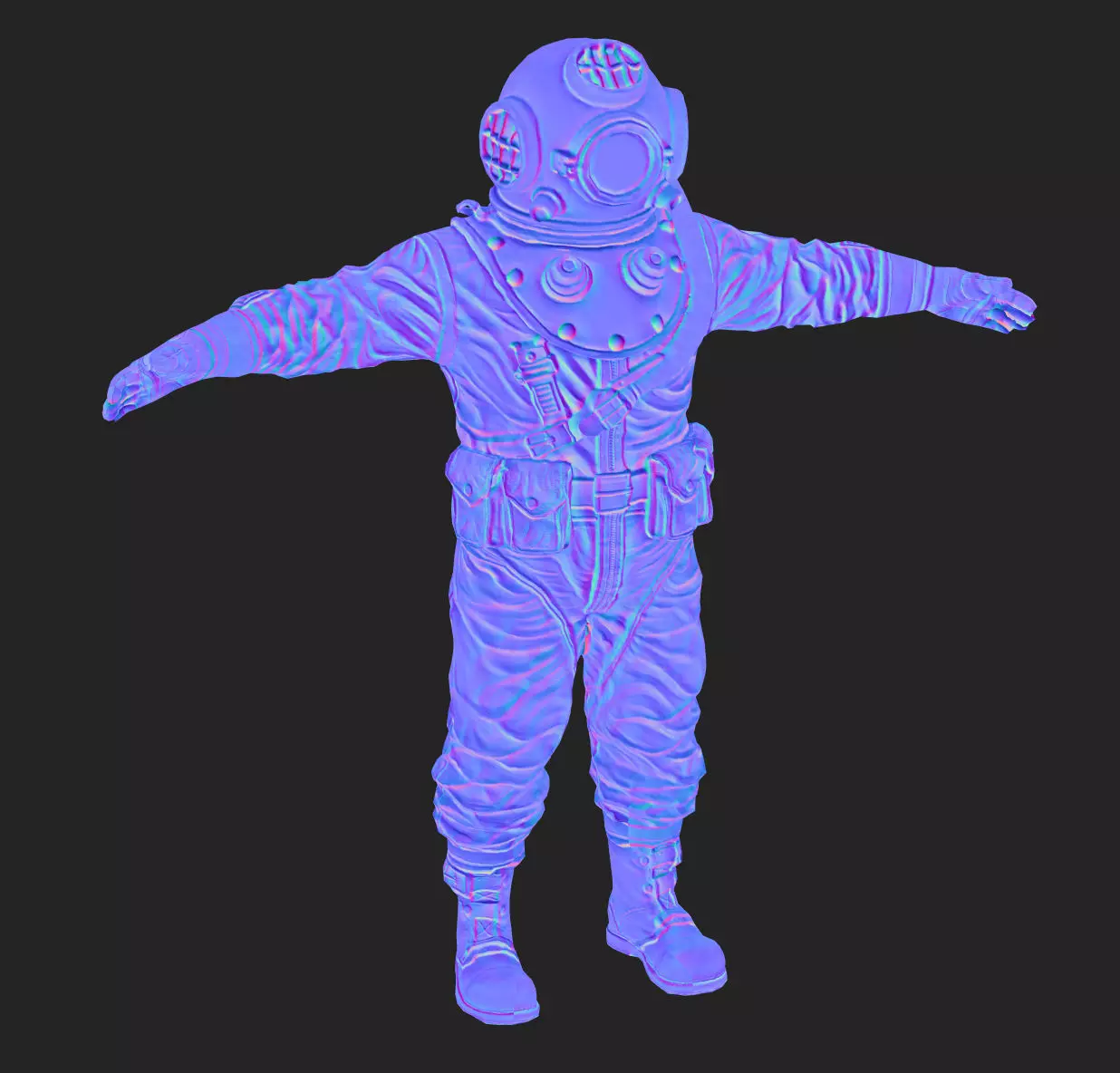 Realistic Vintage Diver Character  PBR Textured Game-Ready Low-poly 3D model_11