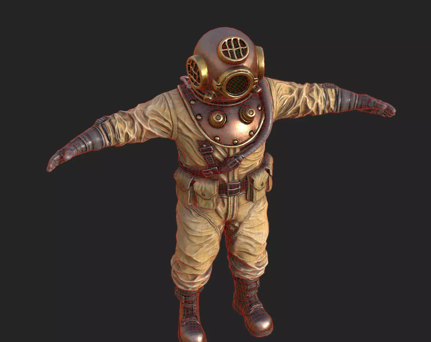 Realistic Vintage Diver Character  PBR Textured Game-Ready Low-poly 3D model_10