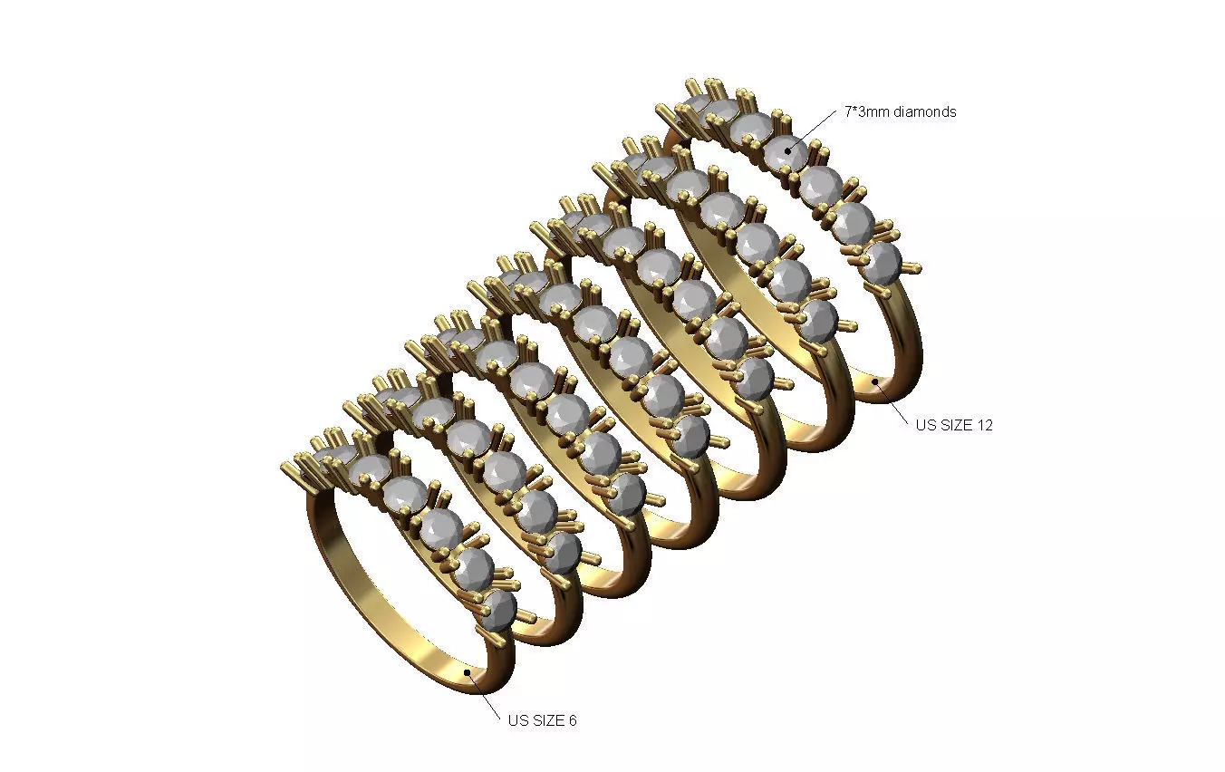 Half eternity 3mm diamond stacker band US sizes 6to12 3D print model