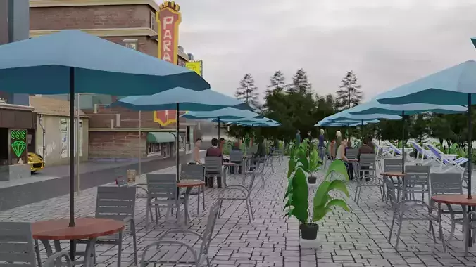 City Riverside Cafe Street Scene -Blender