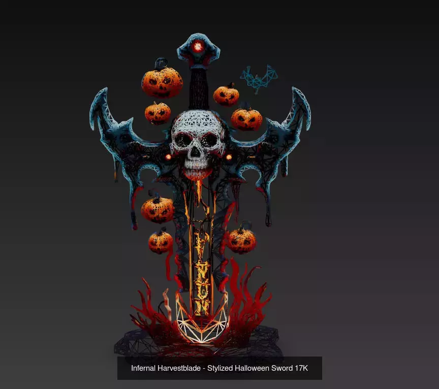 Infernal Pumpkin Blades - Wireframe Halloween Sword Pack 3D Model Collection_5