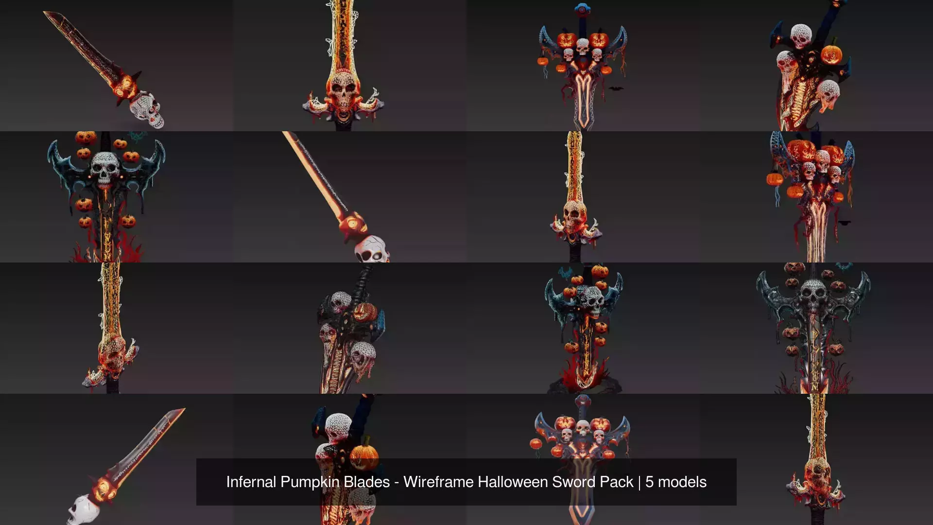 Infernal Pumpkin Blades - Wireframe Halloween Sword Pack 3D Model Collection_0