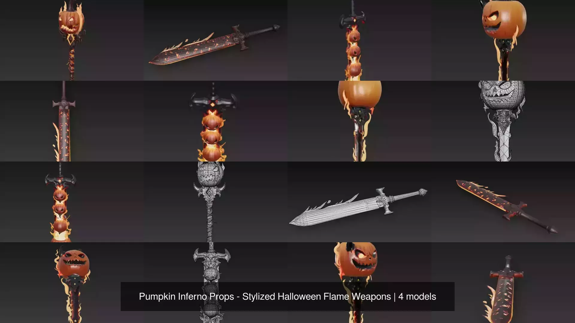 Pumpkin Inferno Props - Stylized Halloween Flame Weapons 3D Model Collection_0