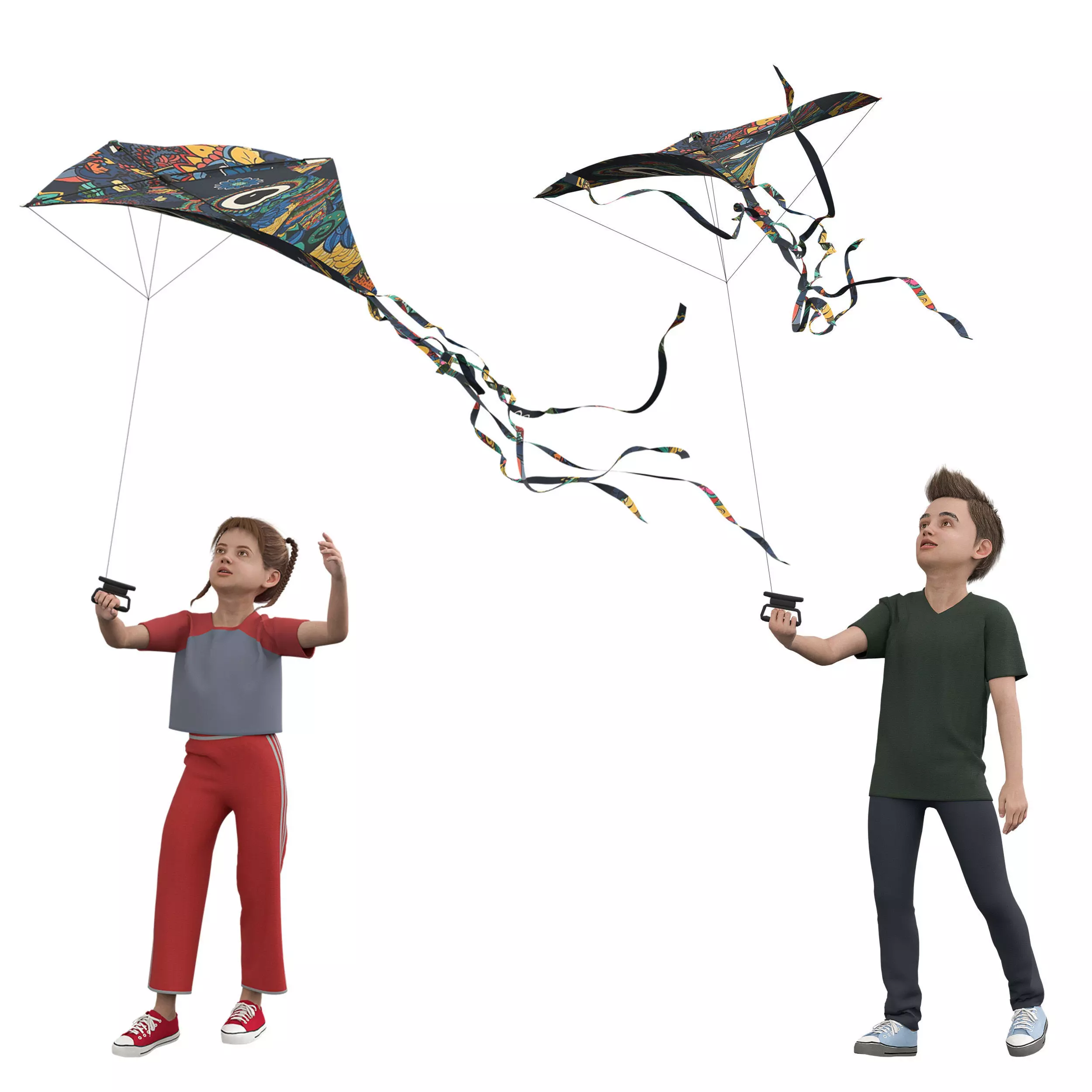 Children Flying Kite Low-poly 3D model_7