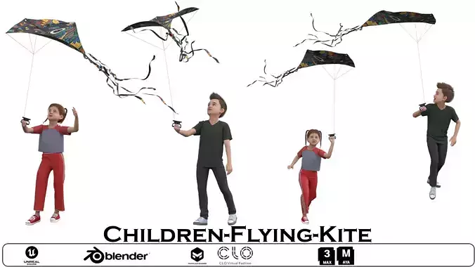 Children Flying Kite Low-poly 3D model Children Flying Kite Low-poly 3D model