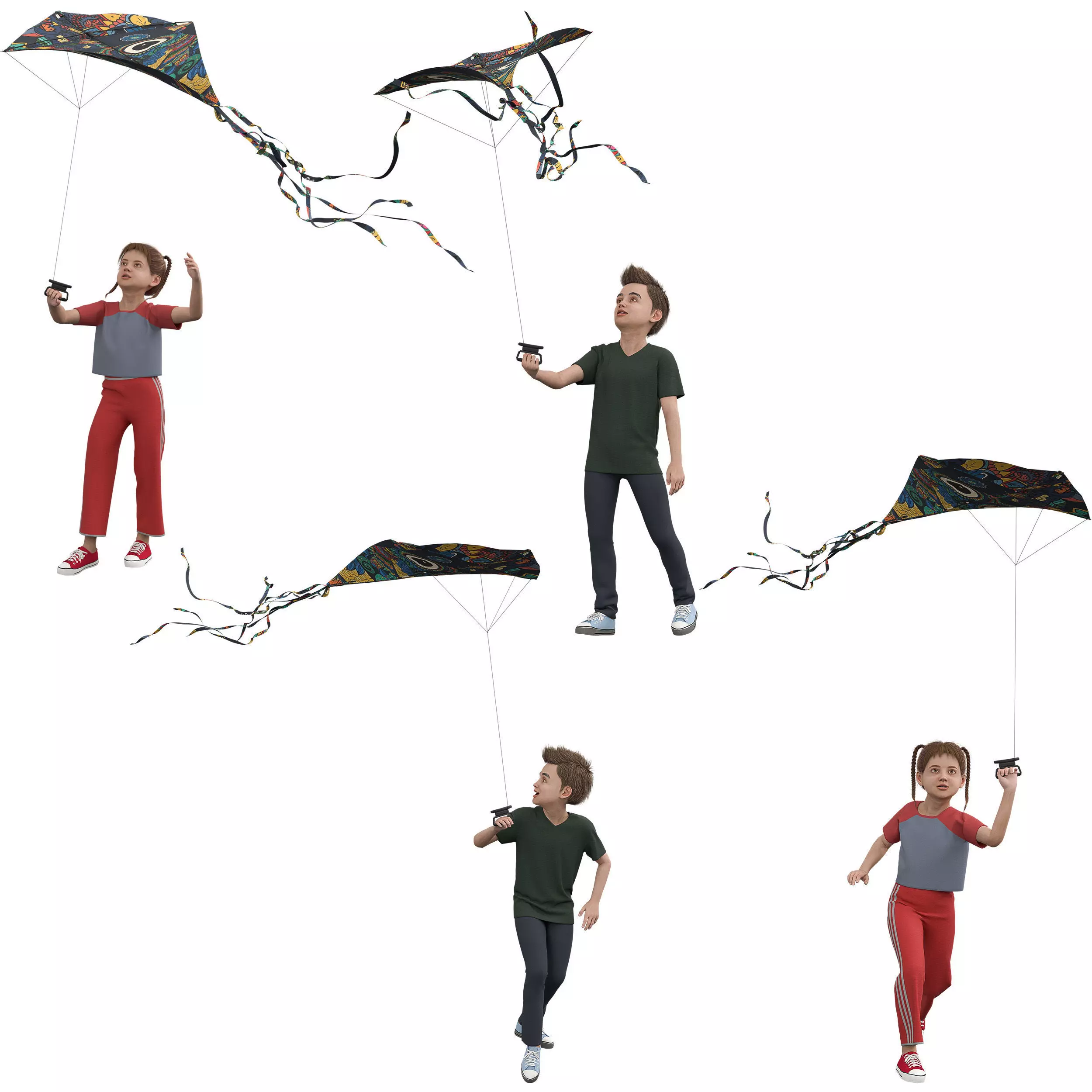 Children Flying Kite Low-poly 3D model_2