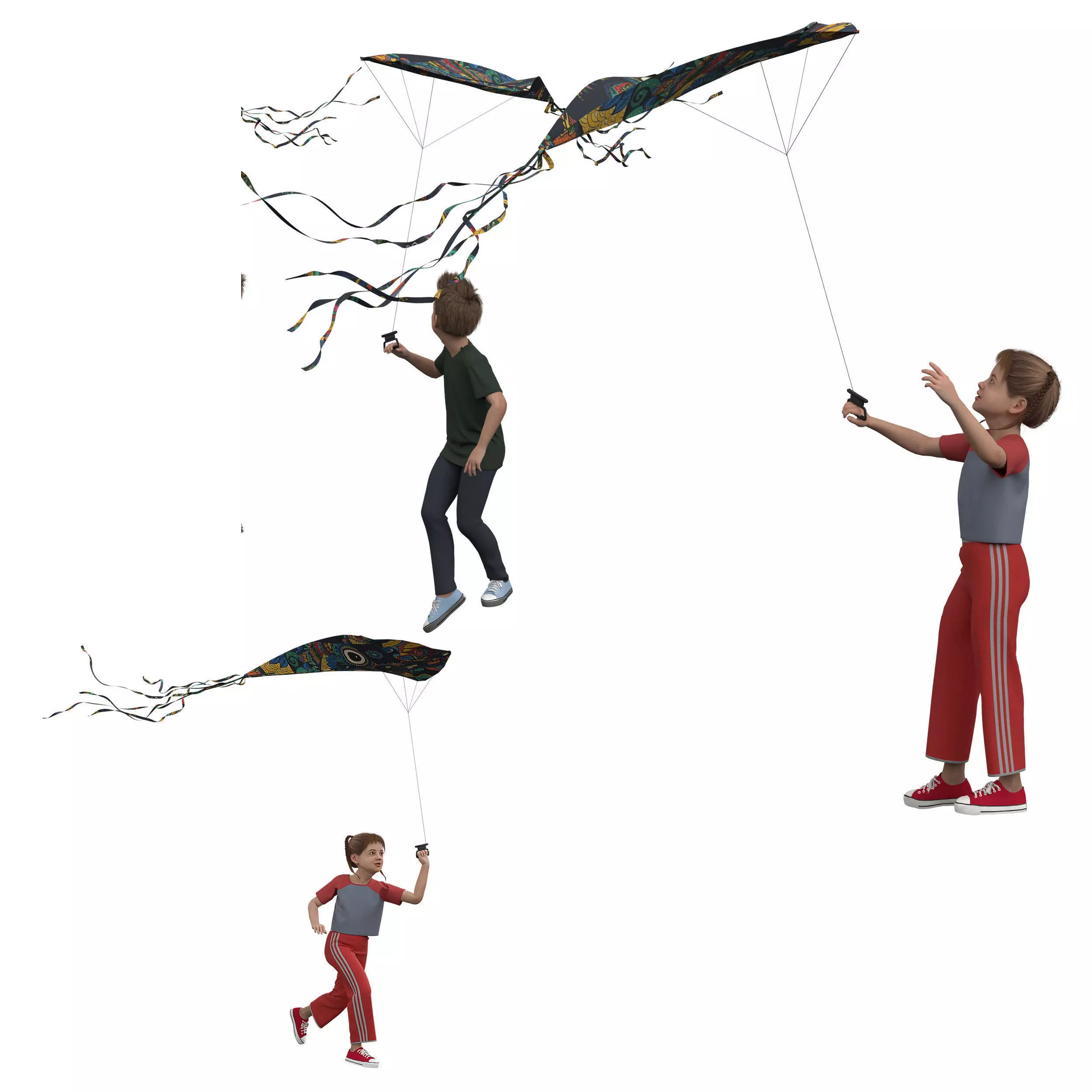 Children Flying Kite Low-poly 3D model_1