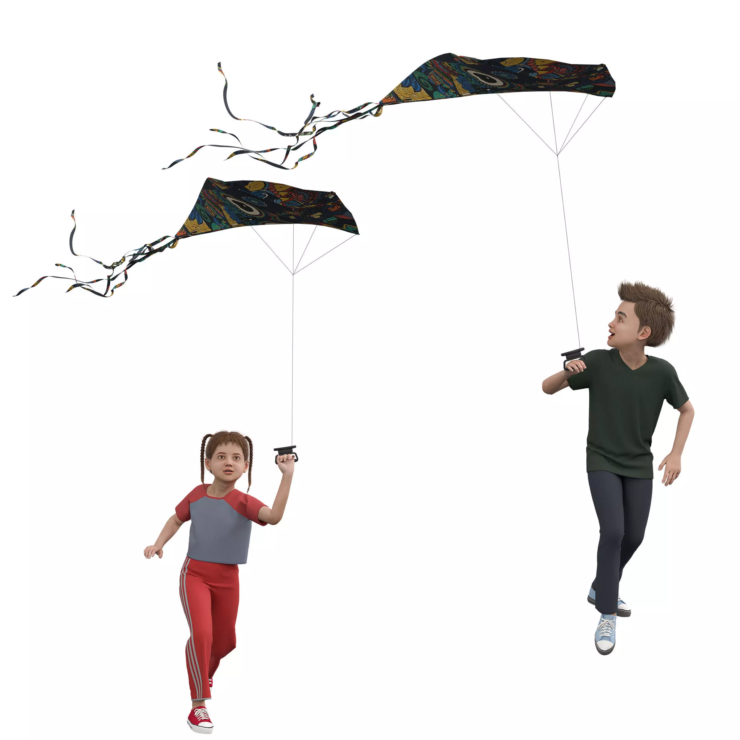 Children Flying Kite Low-poly 3D model_8
