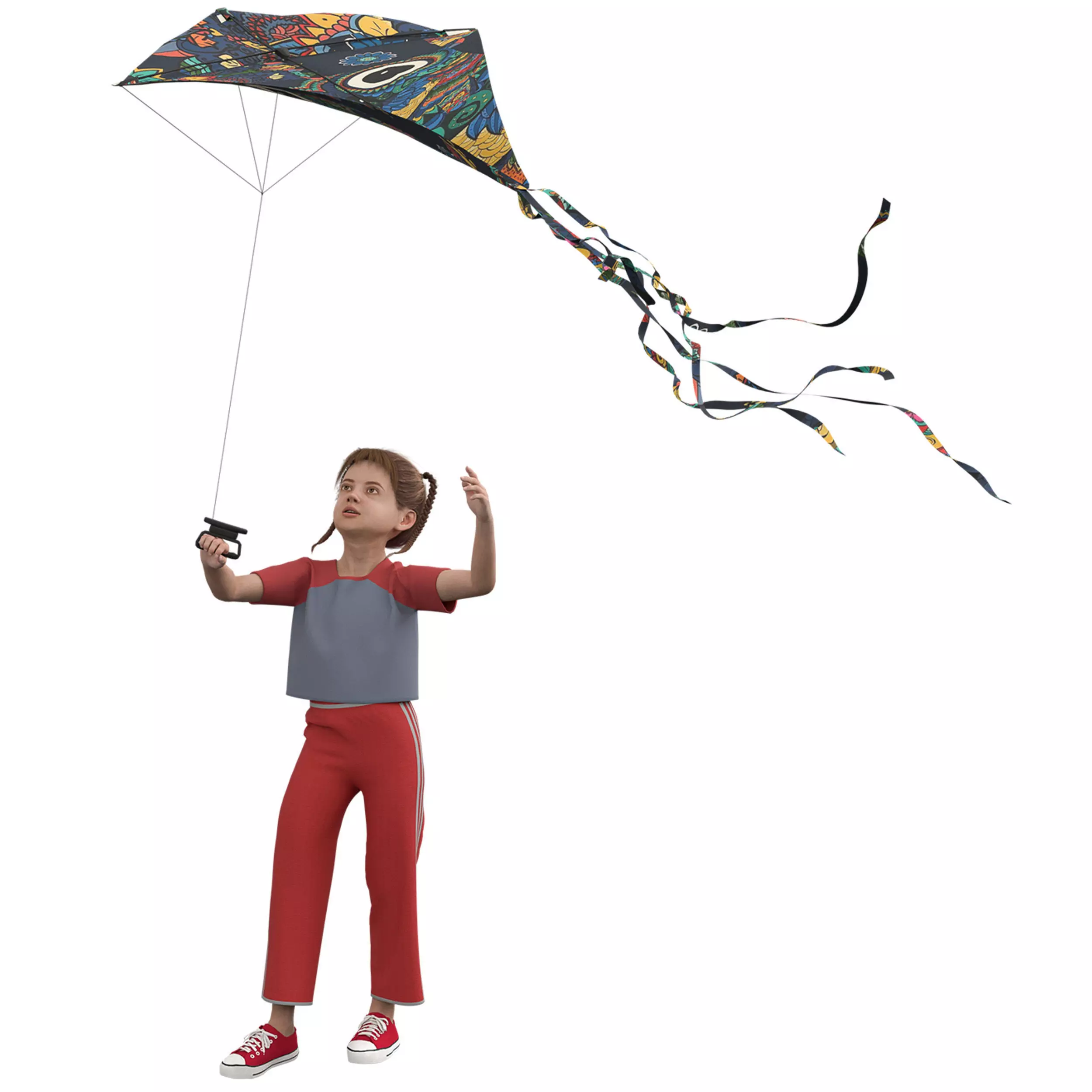 Children Flying Kite Low-poly 3D model_3