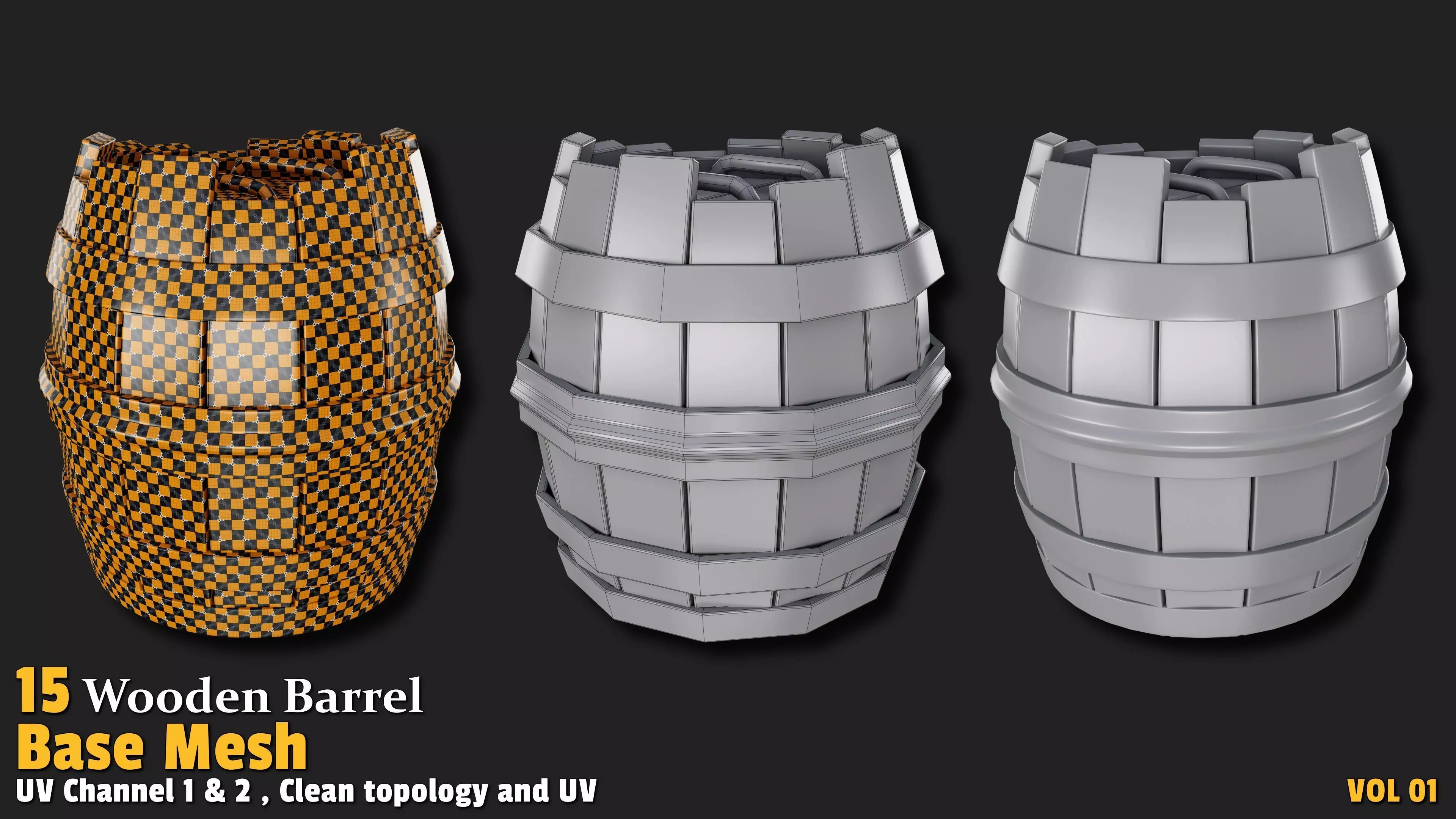 Wooden Barrel  Base Mesh Low-poly 3D model_13