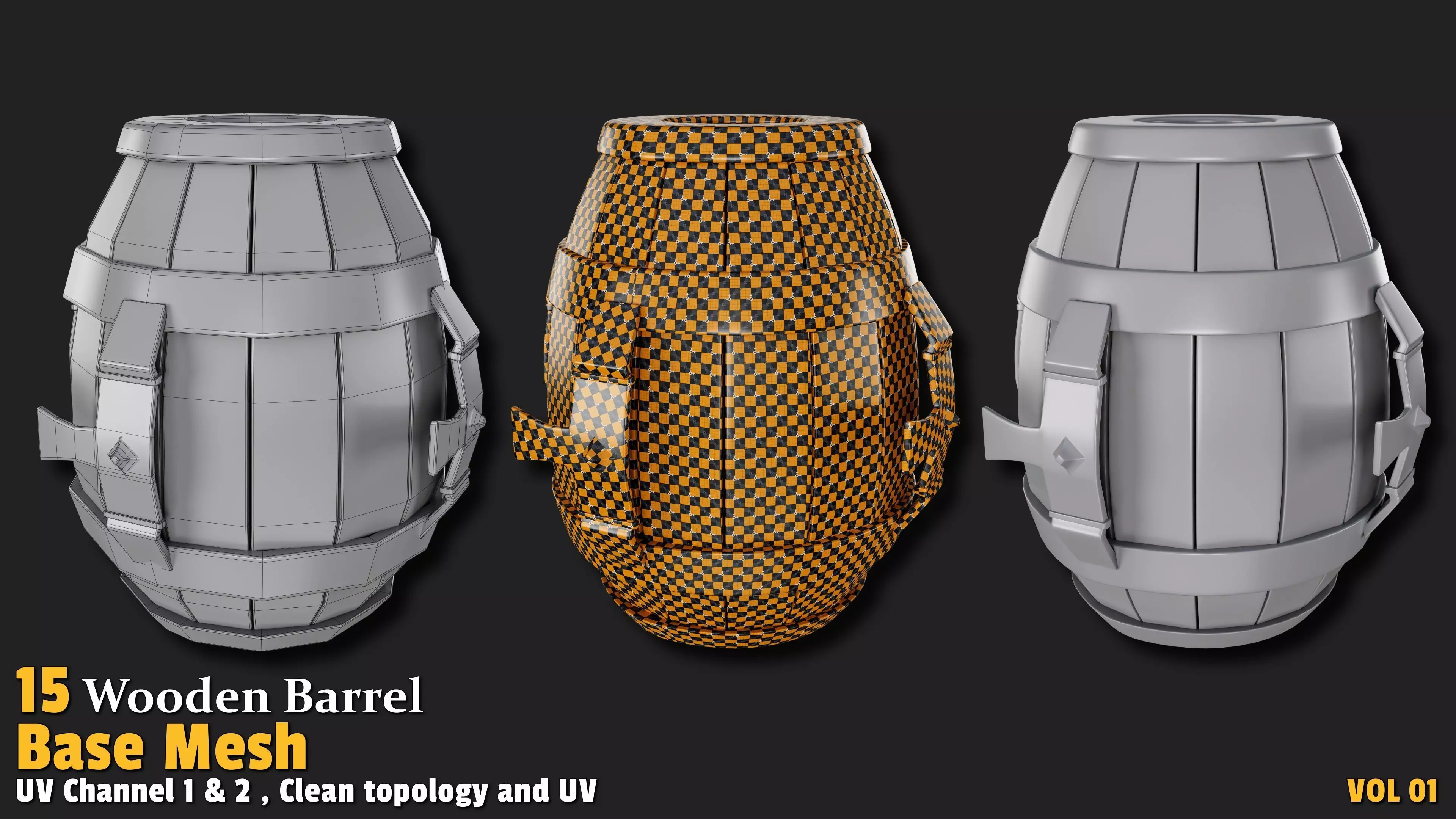 Wooden Barrel  Base Mesh Low-poly 3D model_12