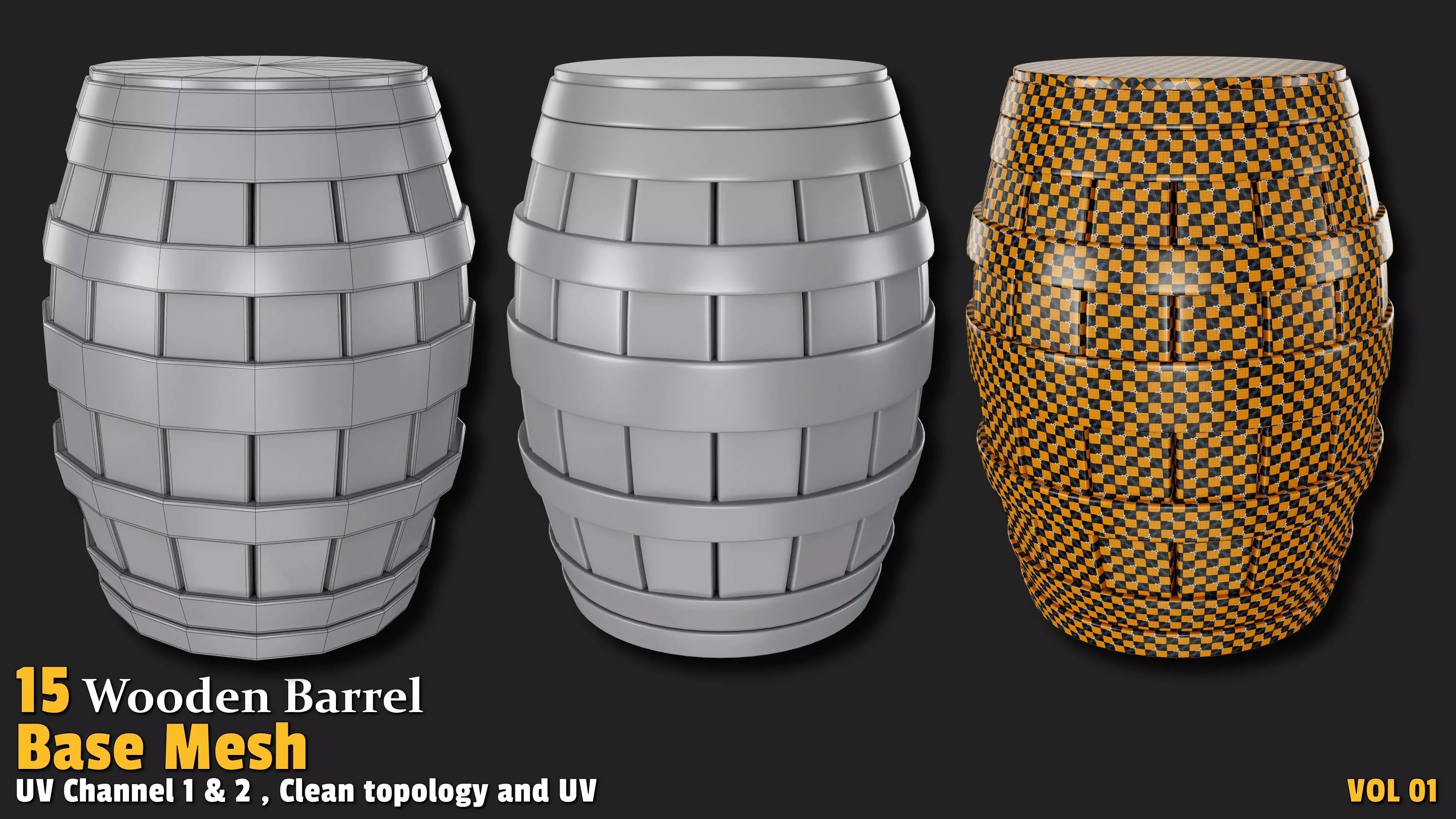 Wooden Barrel  Base Mesh Low-poly 3D model_11