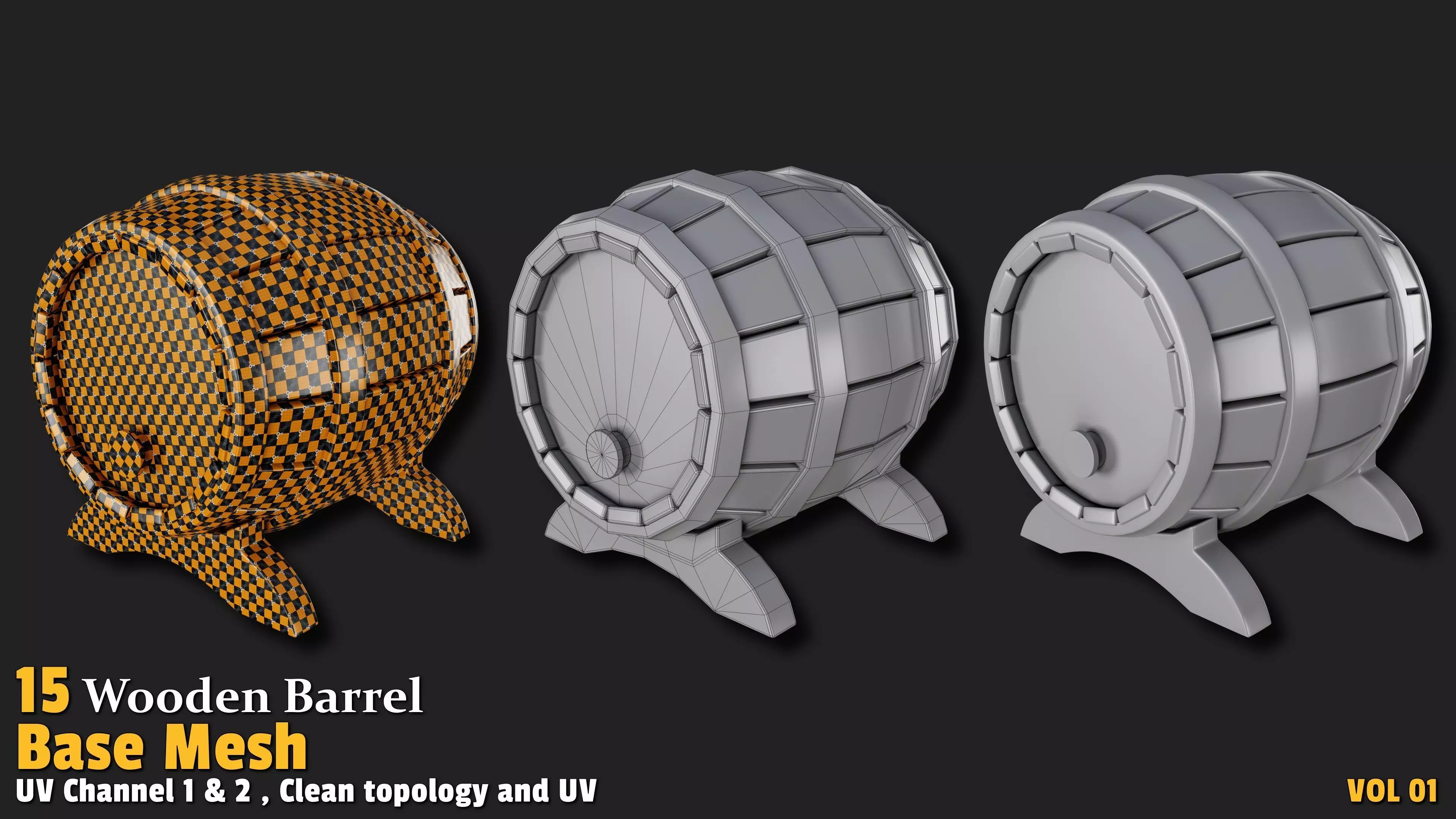 Wooden Barrel  Base Mesh Low-poly 3D model_2