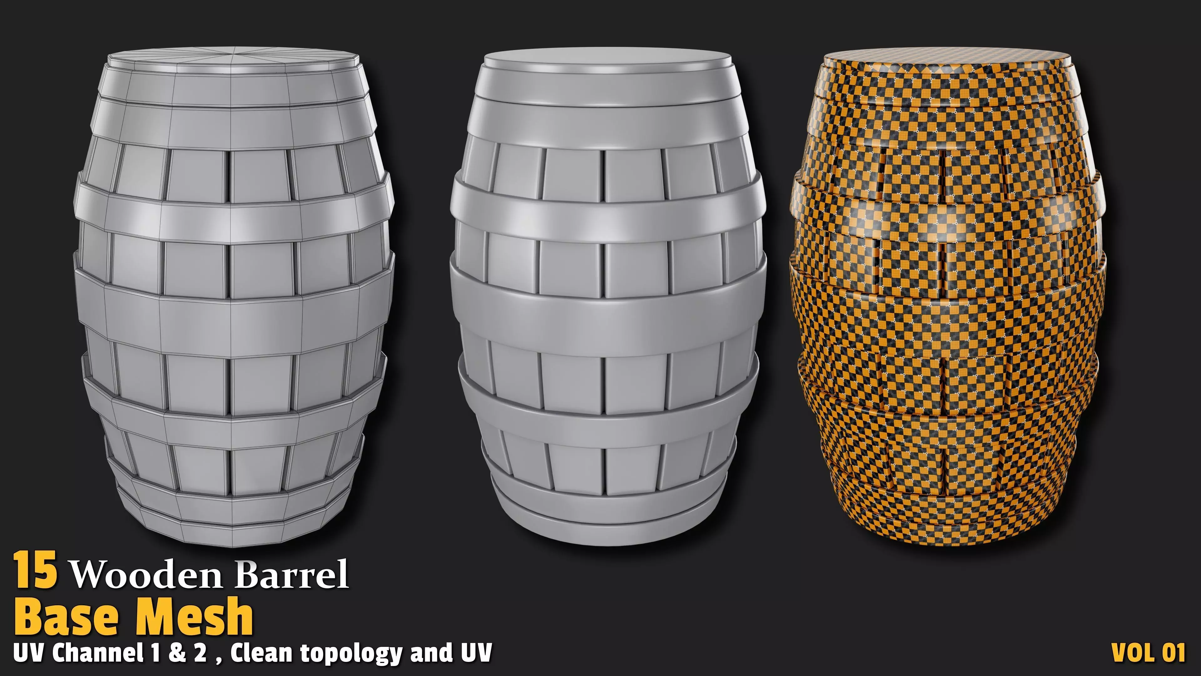 Wooden Barrel  Base Mesh Low-poly 3D model_9