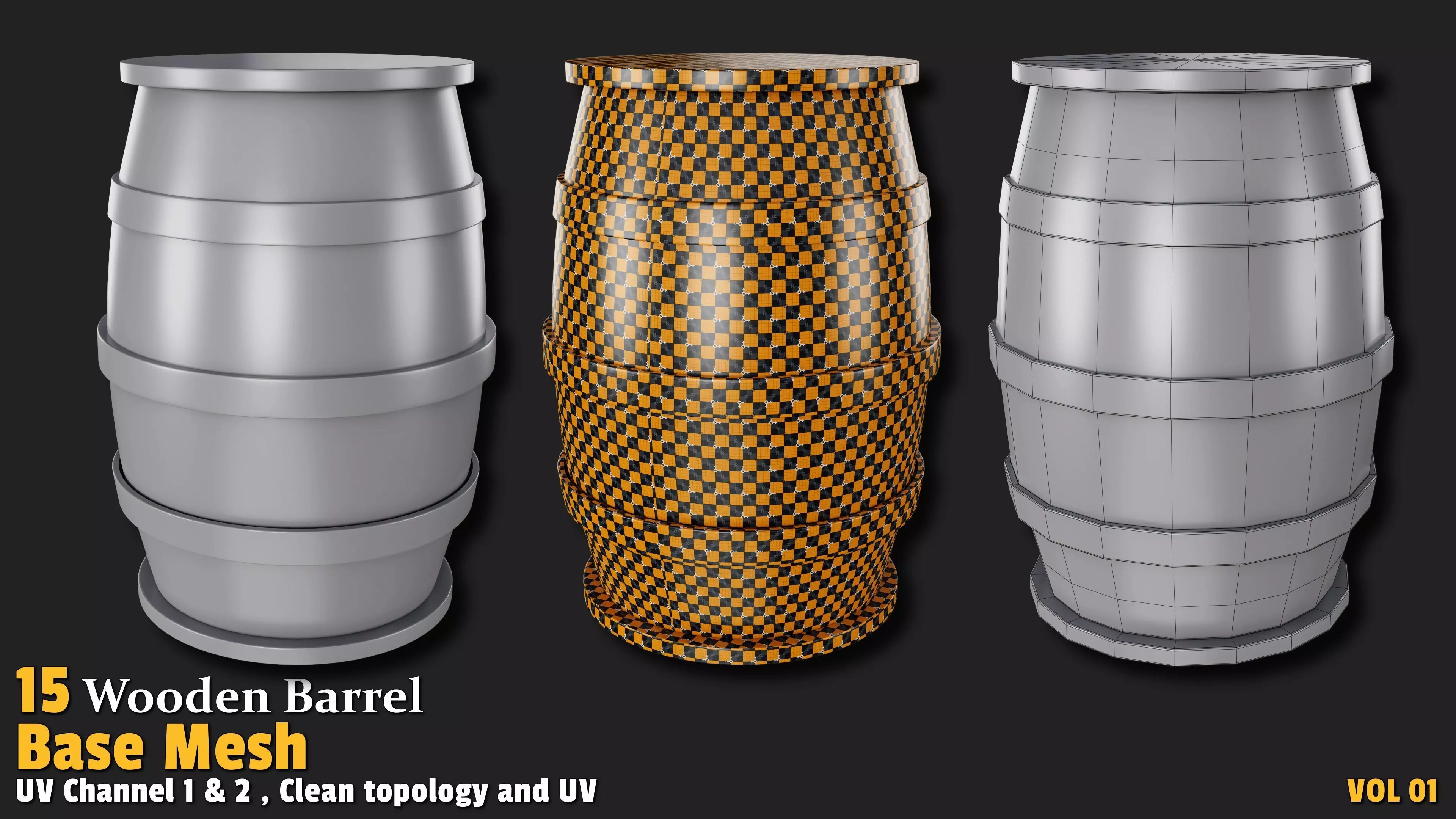 Wooden Barrel  Base Mesh Low-poly 3D model_3