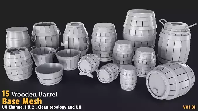 Wooden Barrel  Base Mesh Low-poly 3D model